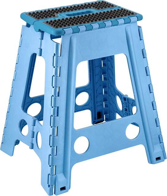 Folding Step Stool-17 Inches Height, Premium Quality Plastic Foldable Stool, Anti-Slip Rubber Grip, Super Strong Stepping Stool with Carrying Handle, Step up tool for Adults (Blue with Black top)