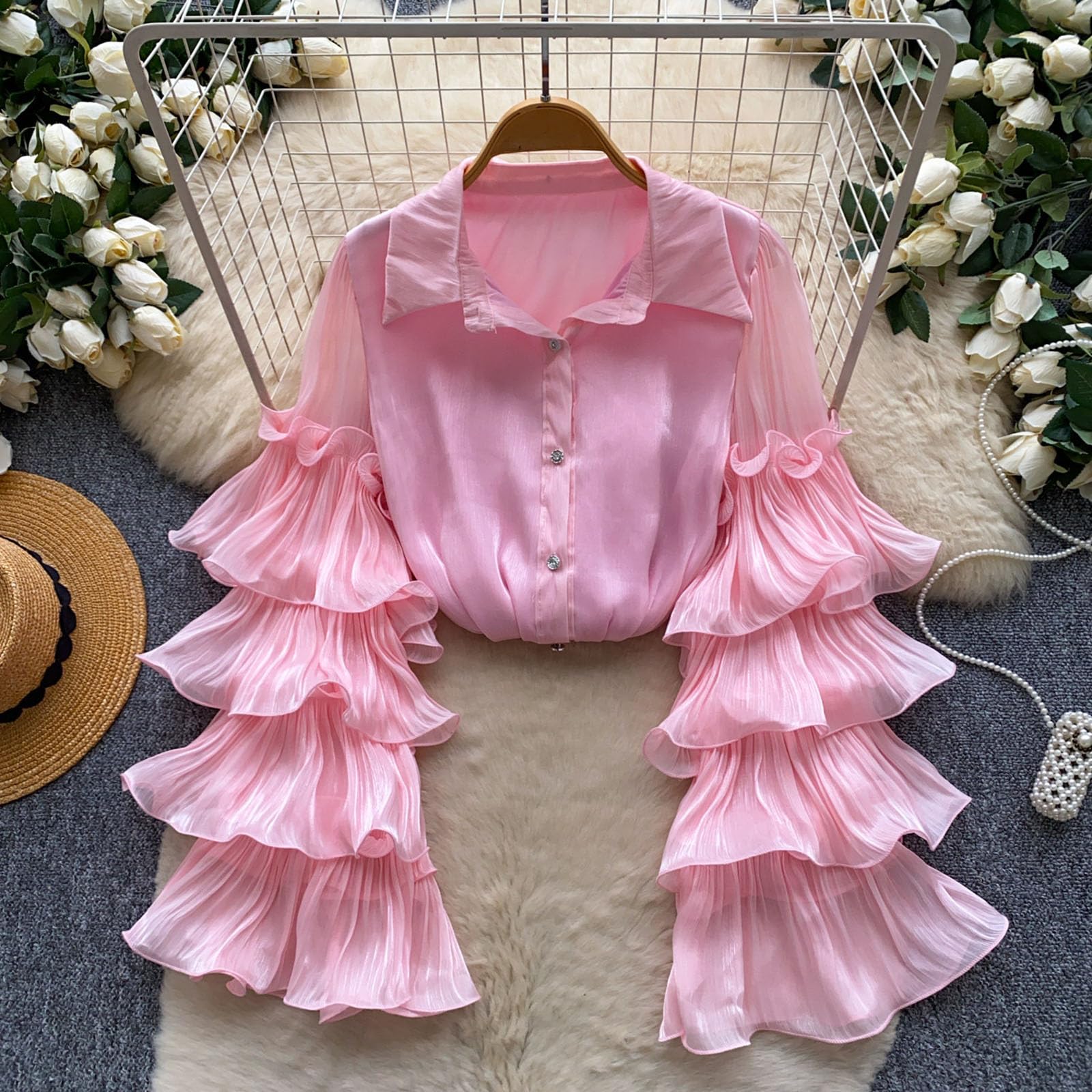 Camicia da Donna con Bottoni, Balza, Maniche Lunghe a Strati, Camicie Eleganti da Lavoro, Blusa Elegante