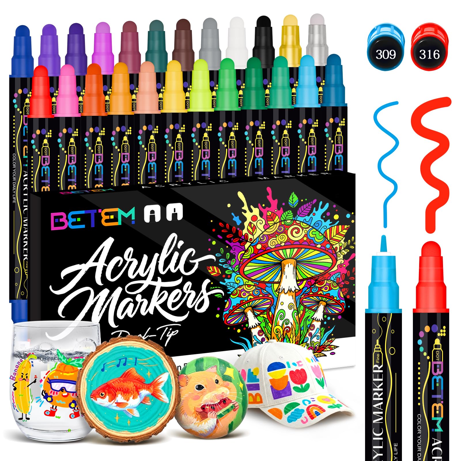 Betem 24 Colors Dual Tip Acrylic Paint Pens Markers, Premium Acrylic Paint Markers Stocking Stuffers for Rock, Wood, Fabric, Glass, Canvas, Ceramic, Christmas Gifts for Teens DIY Crafts Art Supplies