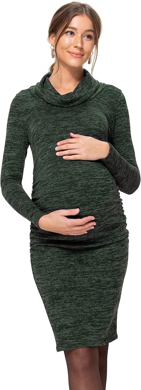 HELLO MIZ Women's Sweater Knit Maternity Dress - Cowl Neck, Long Sleeve (Green, L)