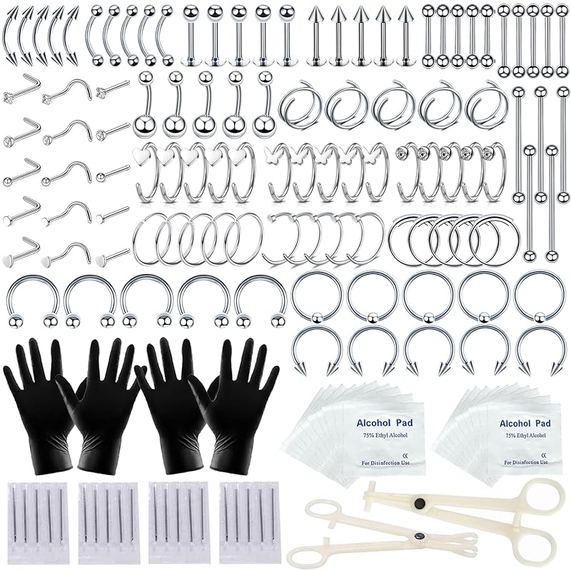 TKKUY Kit para Piercing com 154 Peças, Joias e Ferramentas em Aço Inoxidável, Agulhas 14G e 16G