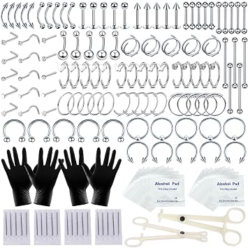 TKKUY 154PCS Mixed-pack Nose Piercing Kits for All Piercings,Stainless Steel Piercing Jewelry Kit 14G 16G with Piecing Needles for Ear Cartilage Tragus Nose Septum Lip Piercing Tools