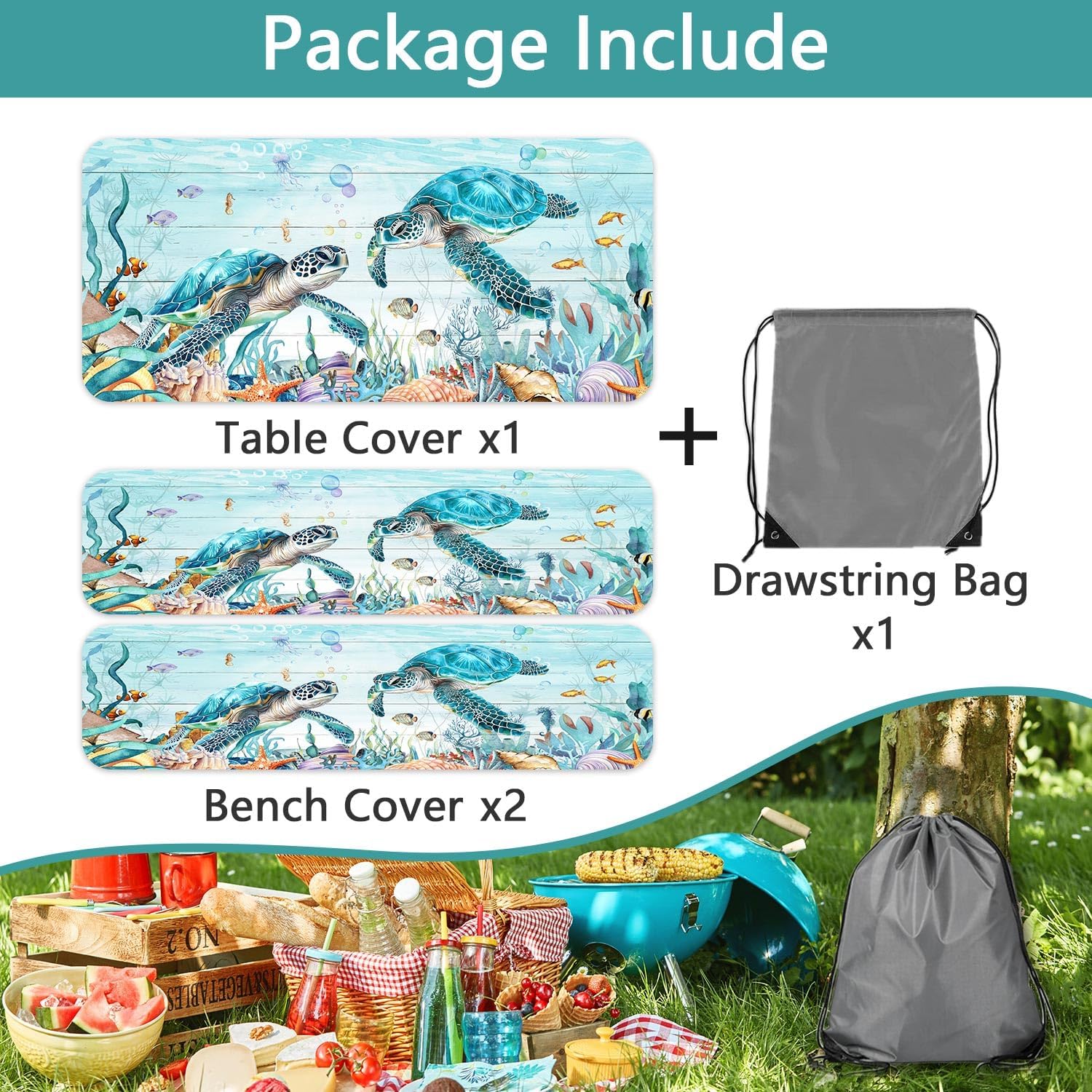 Ocean Sea Turtles Picnic Table Cover with Bench Covers and Bag, Camping Essentials, Waterproof Windproof, Fitted Tablecloth Cover with Elastic Edge, for Indoor & Outdoor, Garden, 3 PCS, 30x72 Inch