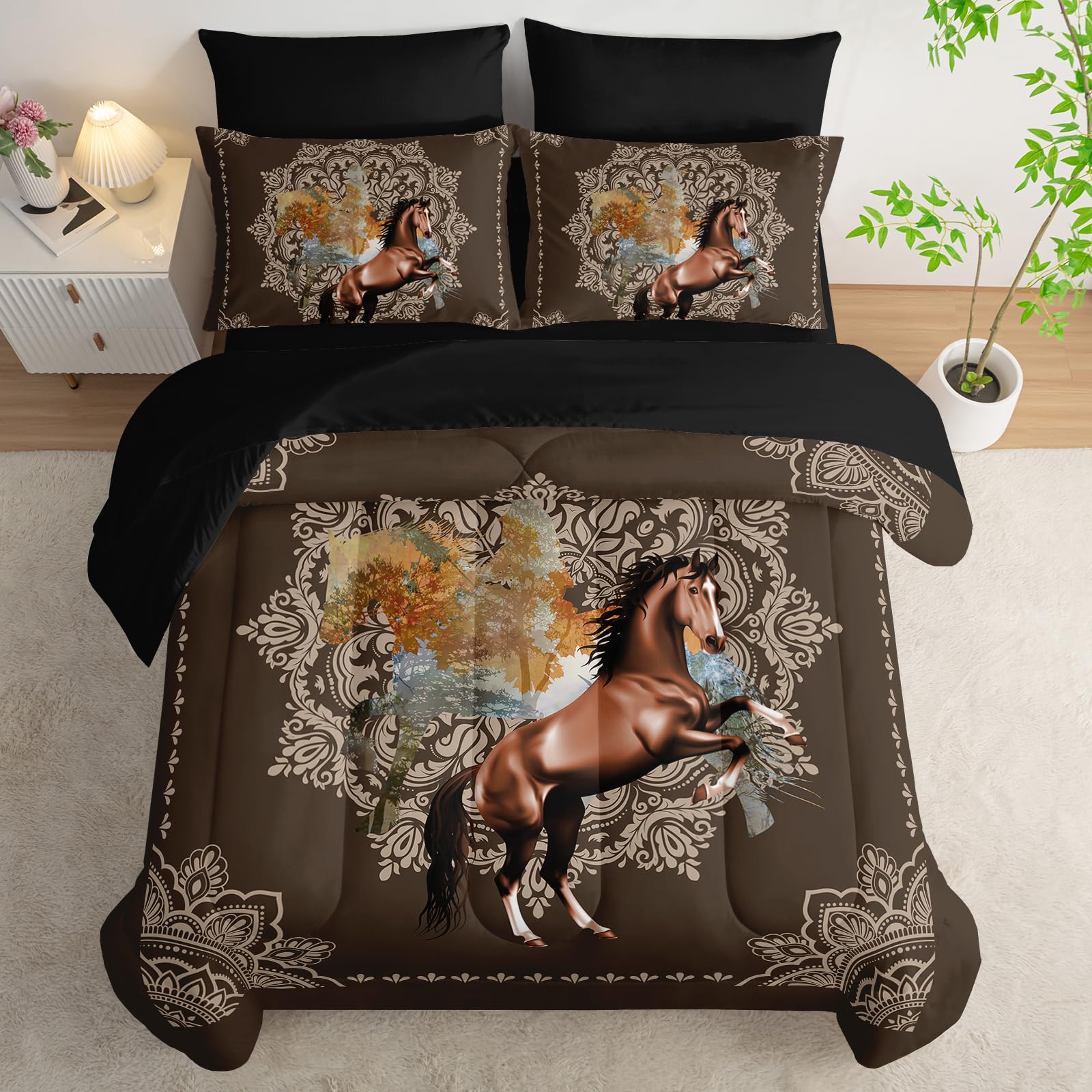AILONEN Brown Horse Comforter Set Queen Size,7-Piece Soft Bed in a Bag,Wastern Mandala Boho Comforter & Fitted Sheet & Flat Sheet & 2 Pillowcases,2 Pillow Shams for Bedroom