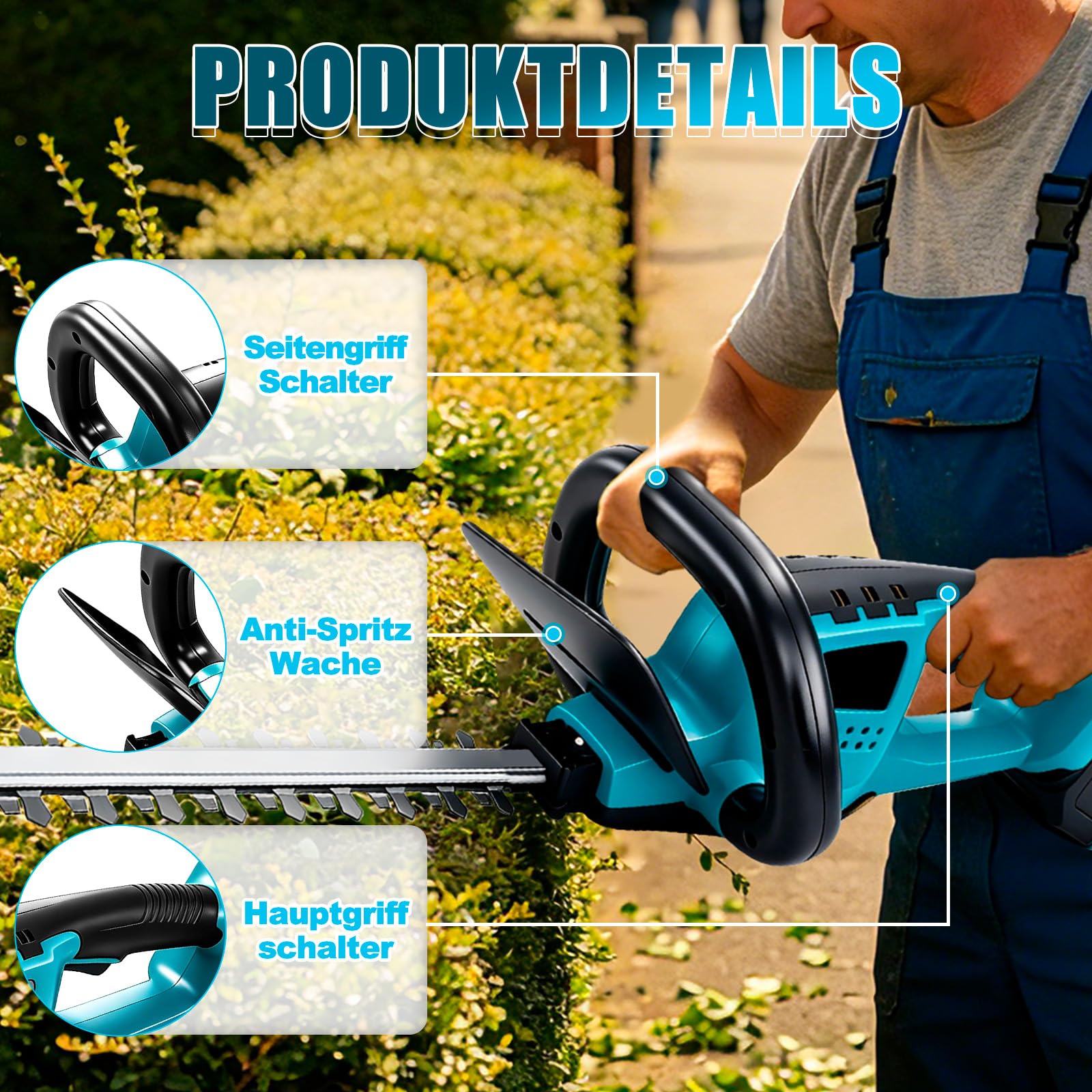 Akumulatorowe nożyce do żywopłotu kompatybilne z Makita 18 V, 550 W, bezszczotkowe elektryczne nożyce do żywopłotu, długość cięcia 52 cm, odstęp między zębami 16 mm, podwójne ostrza tnące (bez