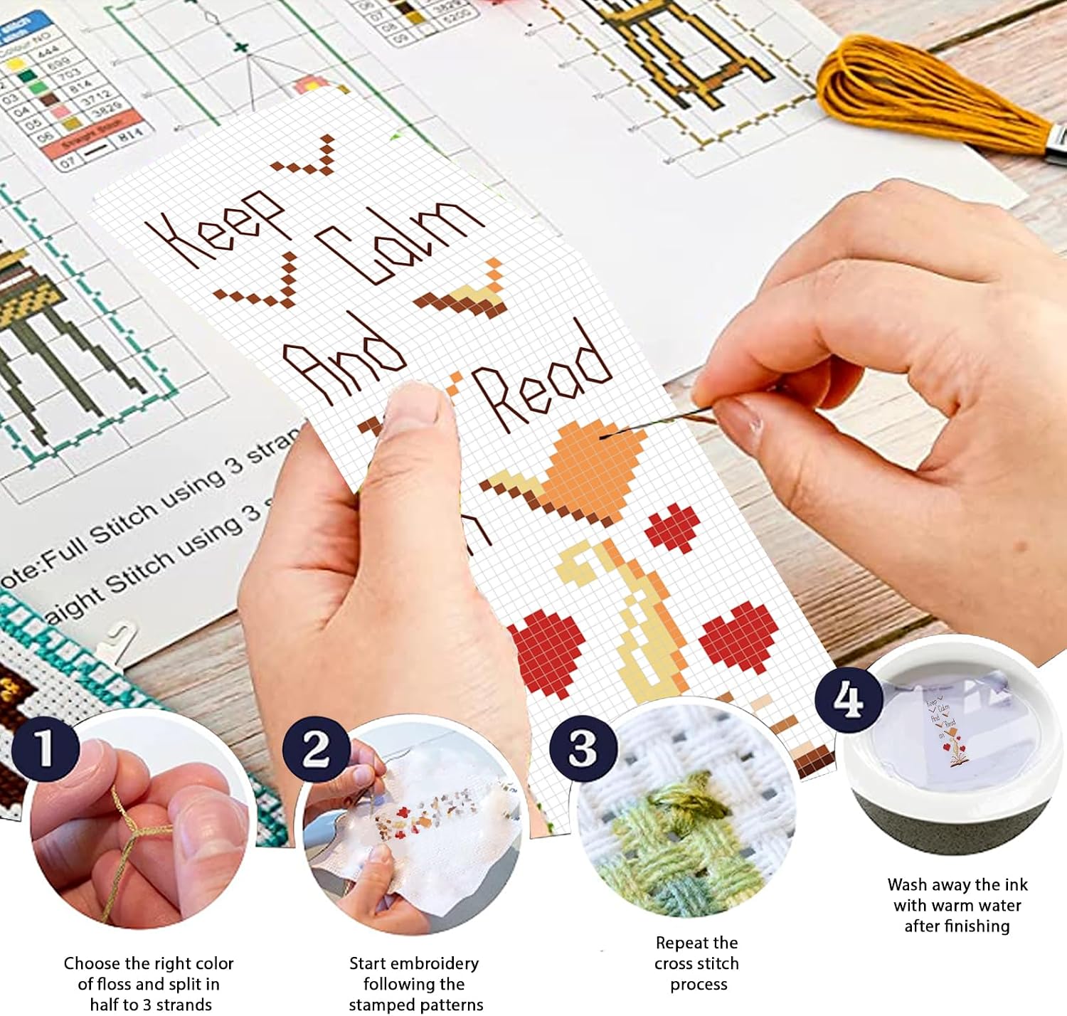 FREEBLOSS 12 Set Cross Stitch Bookmark Kit Bookshelves Stamped Cross Stitch | Book Coffee Embroidery Set with Instruction for Adults Beginners 11CT 8"x 2.4"