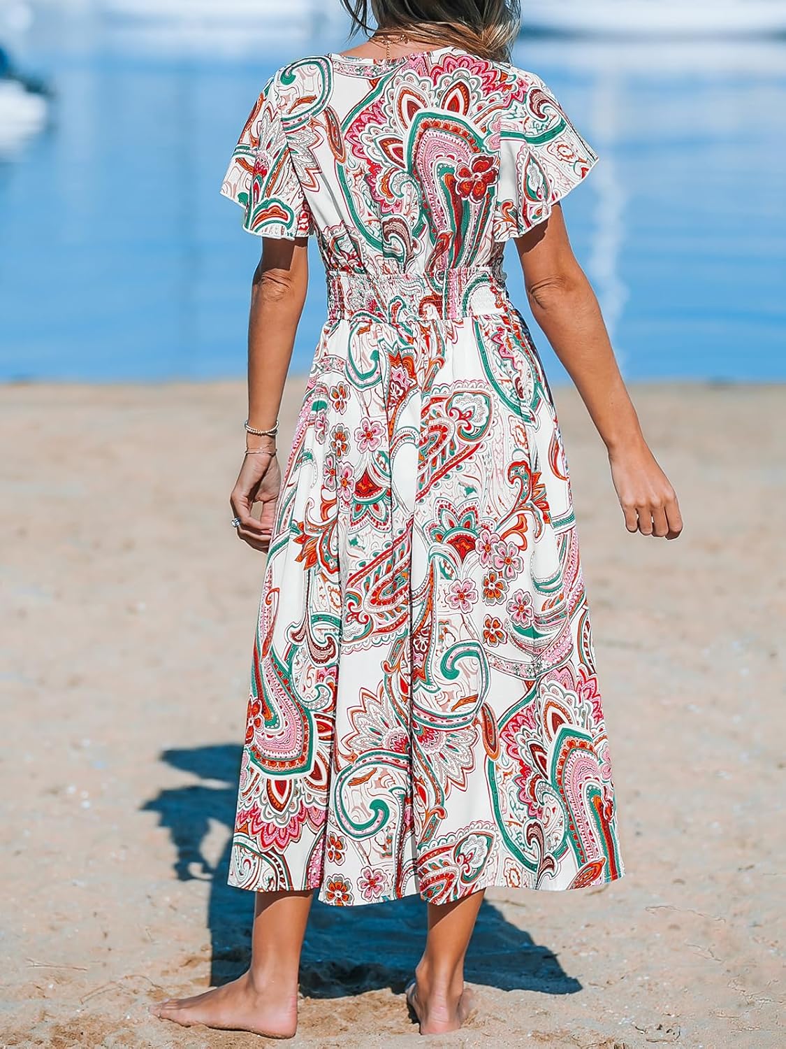 CUPSHE Women's Ruffle Beach Dress Paisley V Neck Short Sleeve Pleated High Waist Maxi Summer Dresses - Image 2