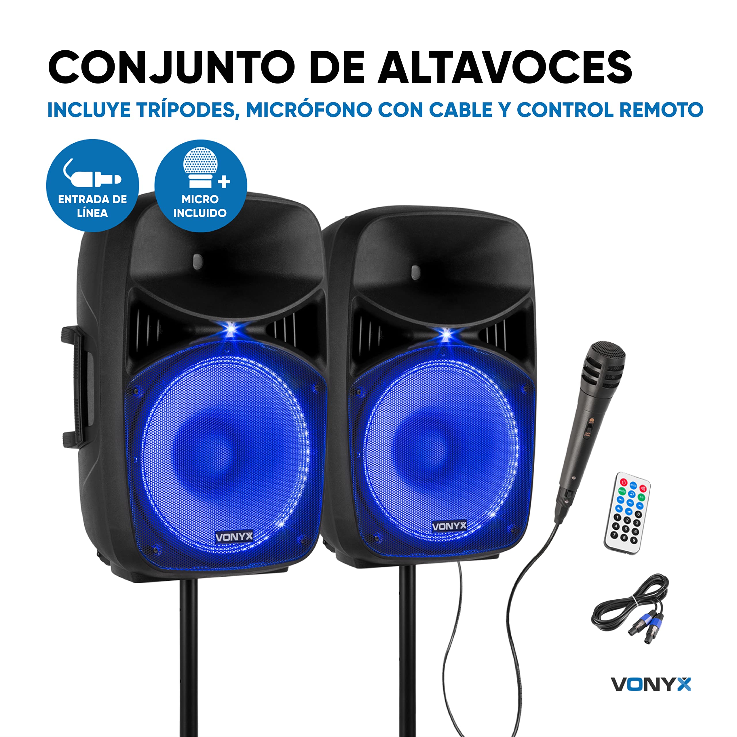 Vonyx VPS152A Altavoces autoamplificados Pack de 2 Altavoces Activo/Pasivo Bluetooth portátiles de 1000W, 15 Pulgadas, micrófono con Cable, Control Remoto, Trípodes, Reproductor MP3 con USB/SD, Leds