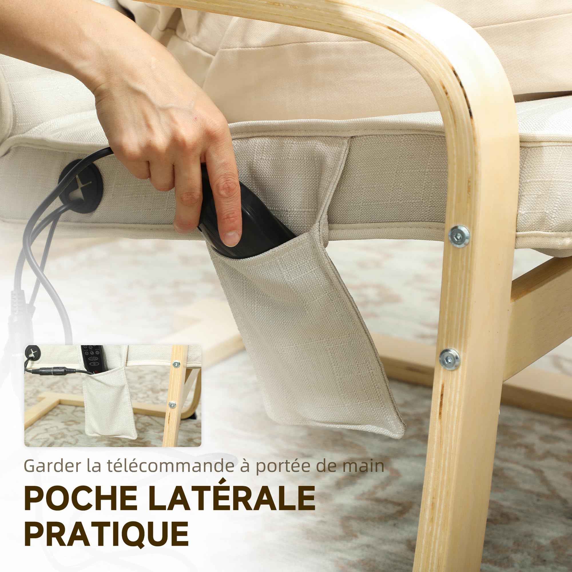 HOMCOM Fauteuil de Salon, Fauteuil Relax massant et Chauffant avec Dossier Haut, Appui-tête, Repose-Pieds réglable, télécommande et Poche latérale, Tissu Aspect Lin, pour Chambre Salon, crème