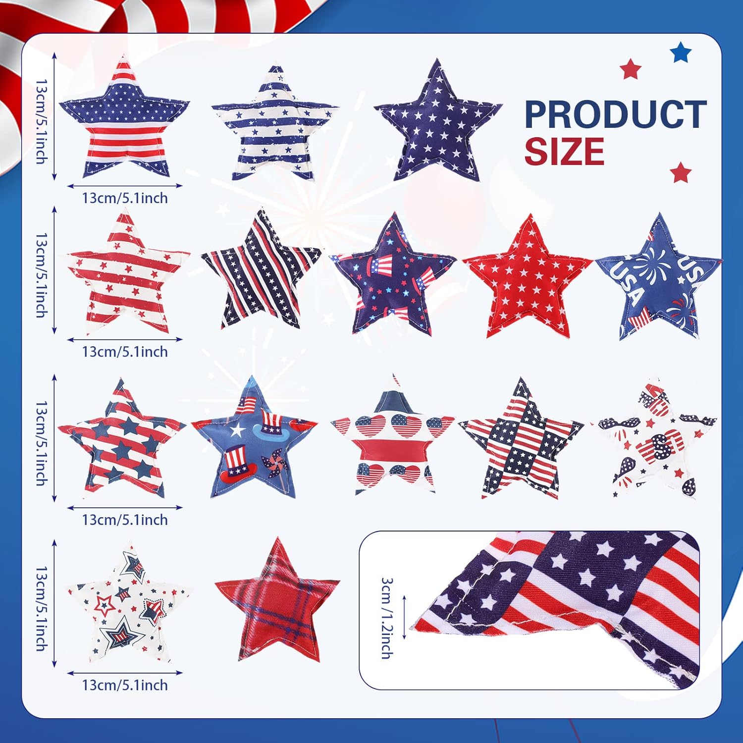 Oudain 15 Pcs Large 5 Inch Patriotic Star Tree Ornaments Stuffed Fabric Star 4th of July Memorial Day American Flag Decor Vase Filler Ornaments for Independence Day, Red White and Blue (Retro)
