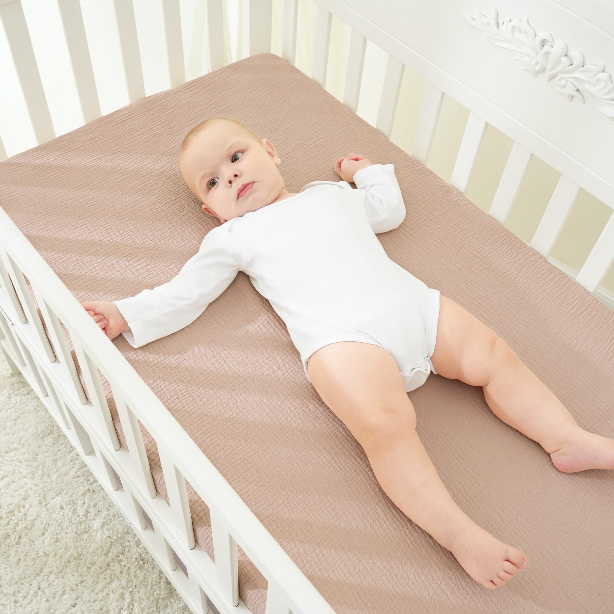 Bearmoss Sábana de Muselina, 100% Algodón, para Colchón Estándar de Cuna y Colchón de Cama Infantil, 60 x 120 cm/70 x 140 cm,Sabana Bajera Cuna Ajustables para Cama Auxiliar (Beige, 60x120)