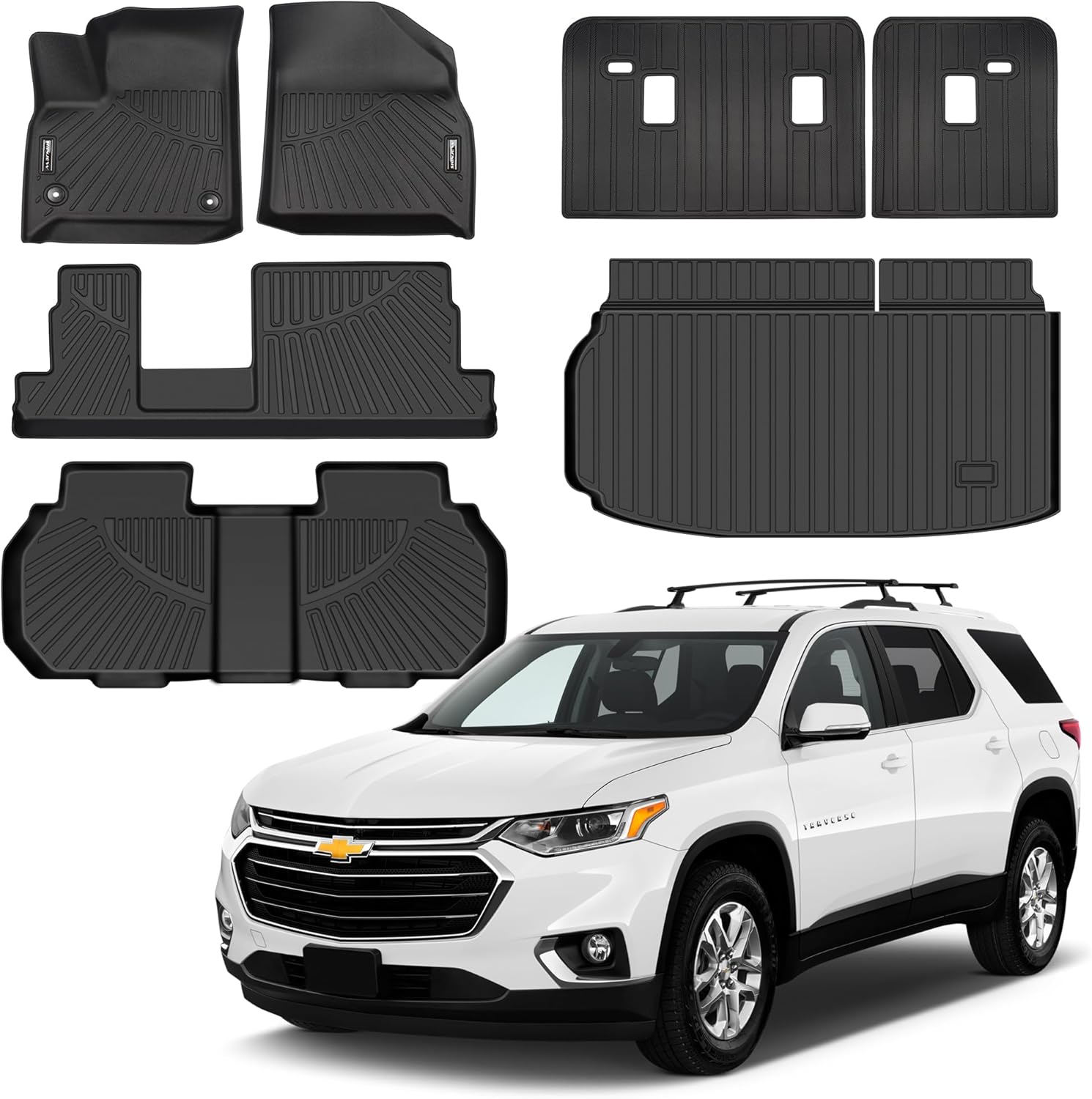 Floor Mats Fit for 2018-2023 Chevrolet Traverse 8 Seats (Bench Seats), All Weather TPE Car Floor Liners Carpet Custom Fit for Chevy Traverse Accessories，3 Row & Cargo Liner
