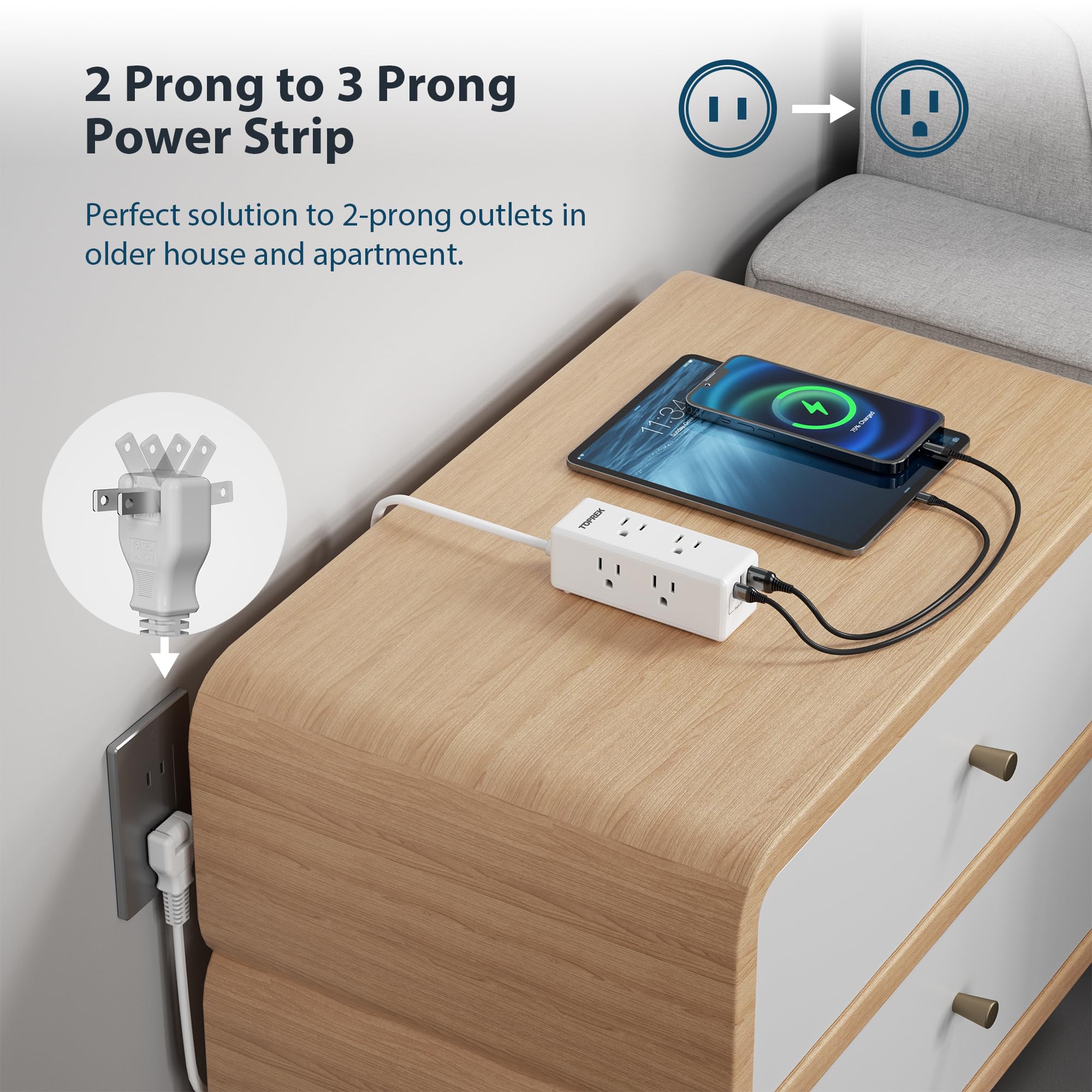 2 Prong Power Strip, TOPREK 2 Prong to 3 Prong Outlet Adapter, 1440J 2 Prong Surge Protector with 6 Outlets & 3 USB, 5FT 2 Prong Extension Cord with Swiveling Flat Plug, Ideal for Non-Grounded Outlet