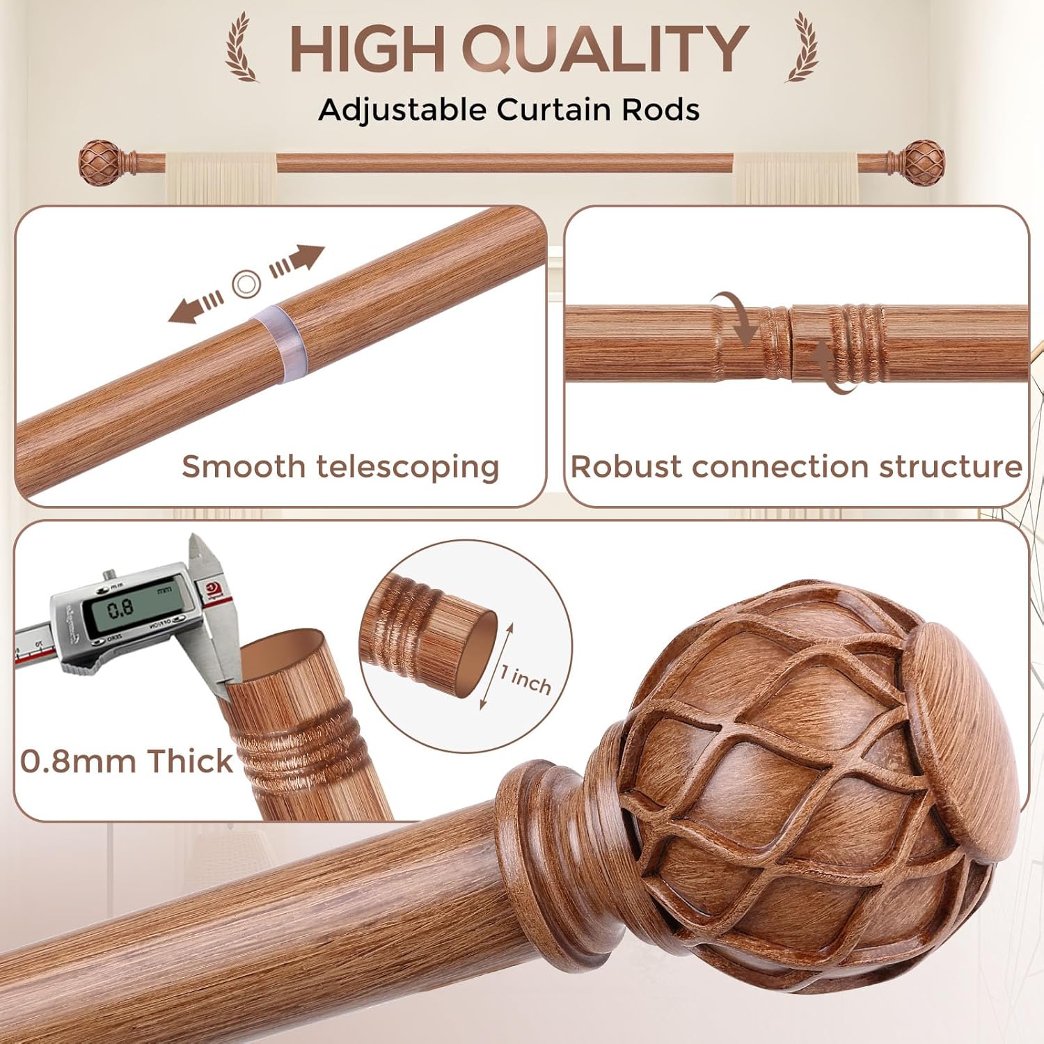Wood Curtain Rods, 1'' Decorative Adjustable Farmhouse Boho Curtain Rod for Windows 48 to 84 Inch(4-7 Feet), Heavy Duty Rustic Drapery Pole with Netted Texture Finials, Brown Wood, 30''-88''