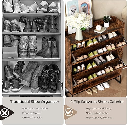 Miniatura 6 de Armario de zapatos, organizador de zapatos moderno con 2 cajones abatibles, zapatero de madera para entrada, armario de zapatos independiente para