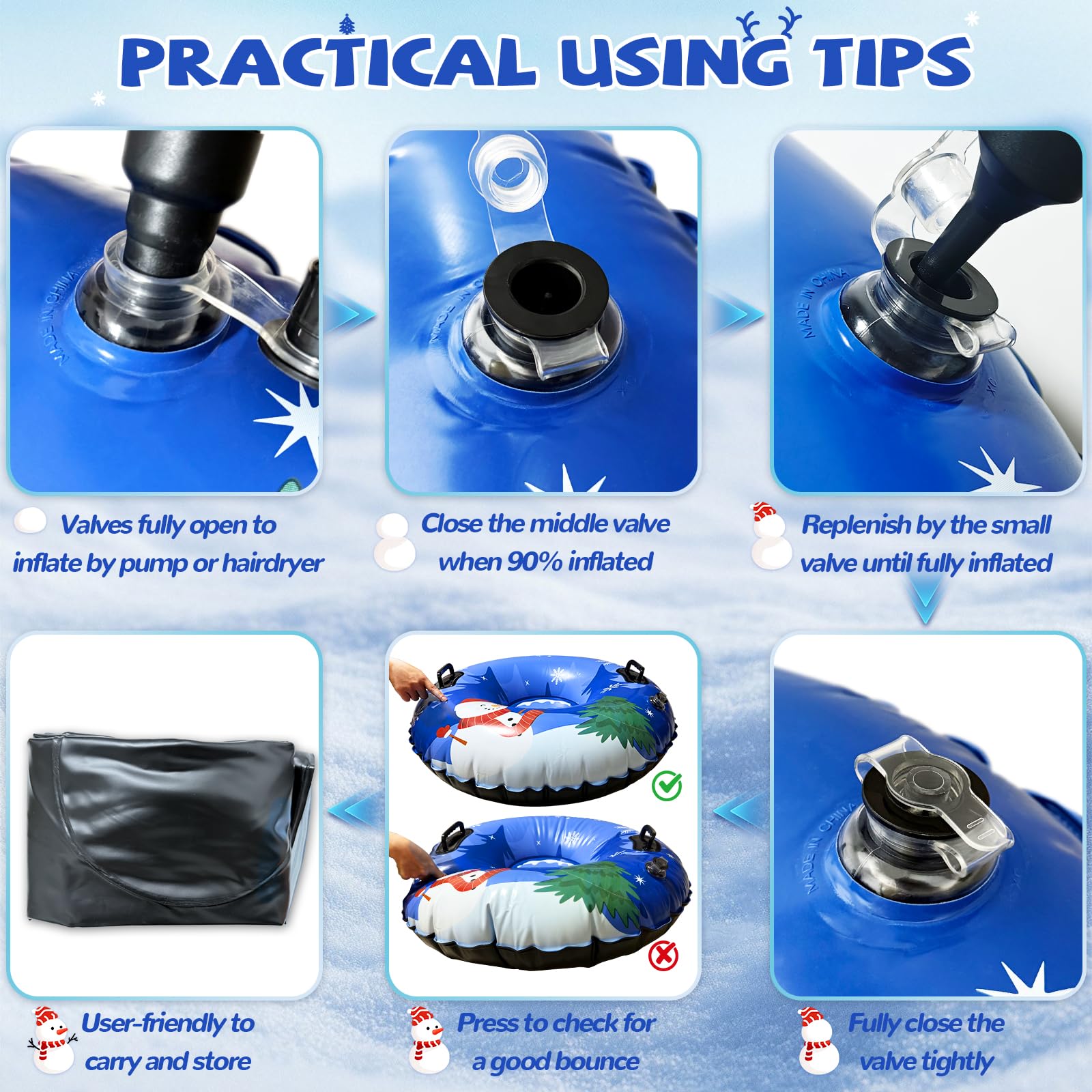 Menmek Snow Tube, 36‘’ 3Packs/4Packs Snowman Snow Tubes for Kids & Adults, Durable Cold-Resistant PVC Inflatable Snow Sled, Heavy-Duty Hard Bottom & Handles, Perfect for Family Boys Girls Sports Fun