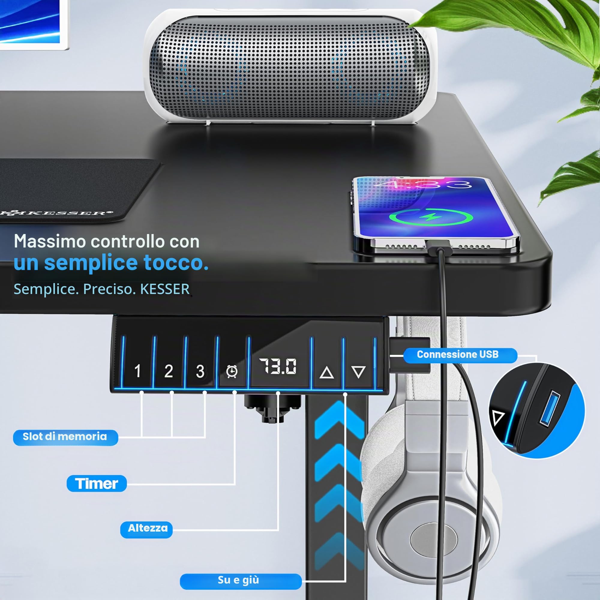 KESSER® Scrivania elettrica regolabile in altezza, Scrivania ergonomica per postura eretta, Controllo di memoria a 3 funzioni, incl. Ruote a 360° e Porta di ricarica USB, 100x60 cm - Nero