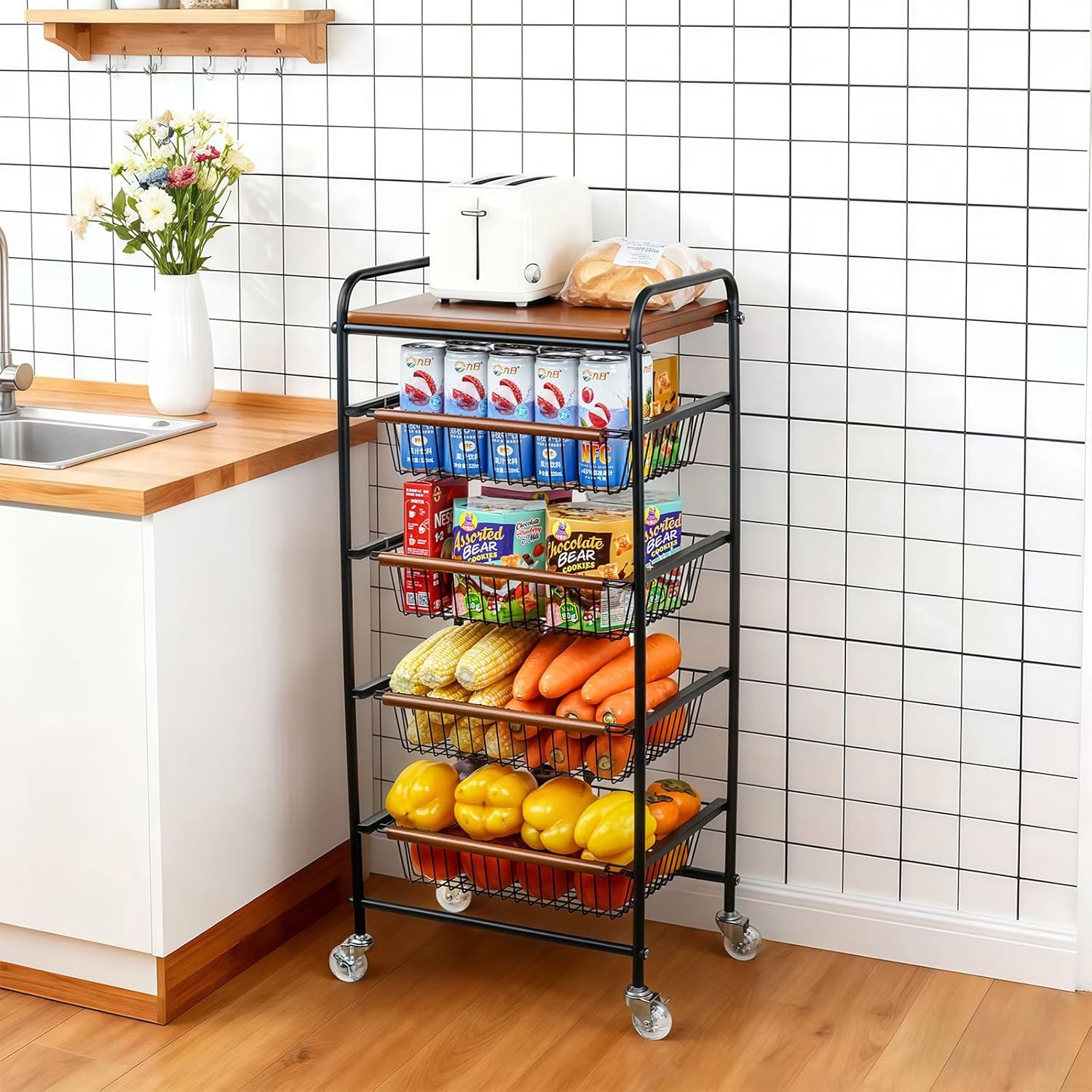 Fruit Vegetable Basket, 5 Tier Fruit Vegetable Storage with Wheels, Metal Rolling Pantry Storage Cart for Fruit Potato Onion Vegetable Bread Snack - Image 2