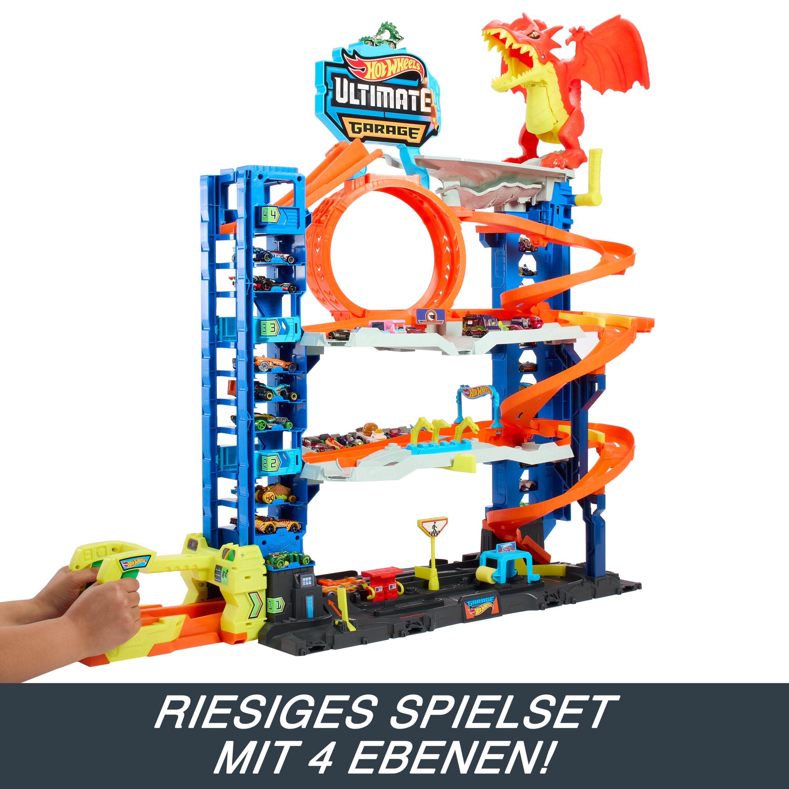 Hot Wheels Let's Race Netflix - Ultimative Garage - Mehrere Ebenen Parkgarage, 3ft hoch, mit 2 Die-Cast-Autos, ab 5 Jahren, Rennspaß, Stunt-Abenteuer, Drachenkampf, Autowaschanlage, Fahrstuhl, HKX48