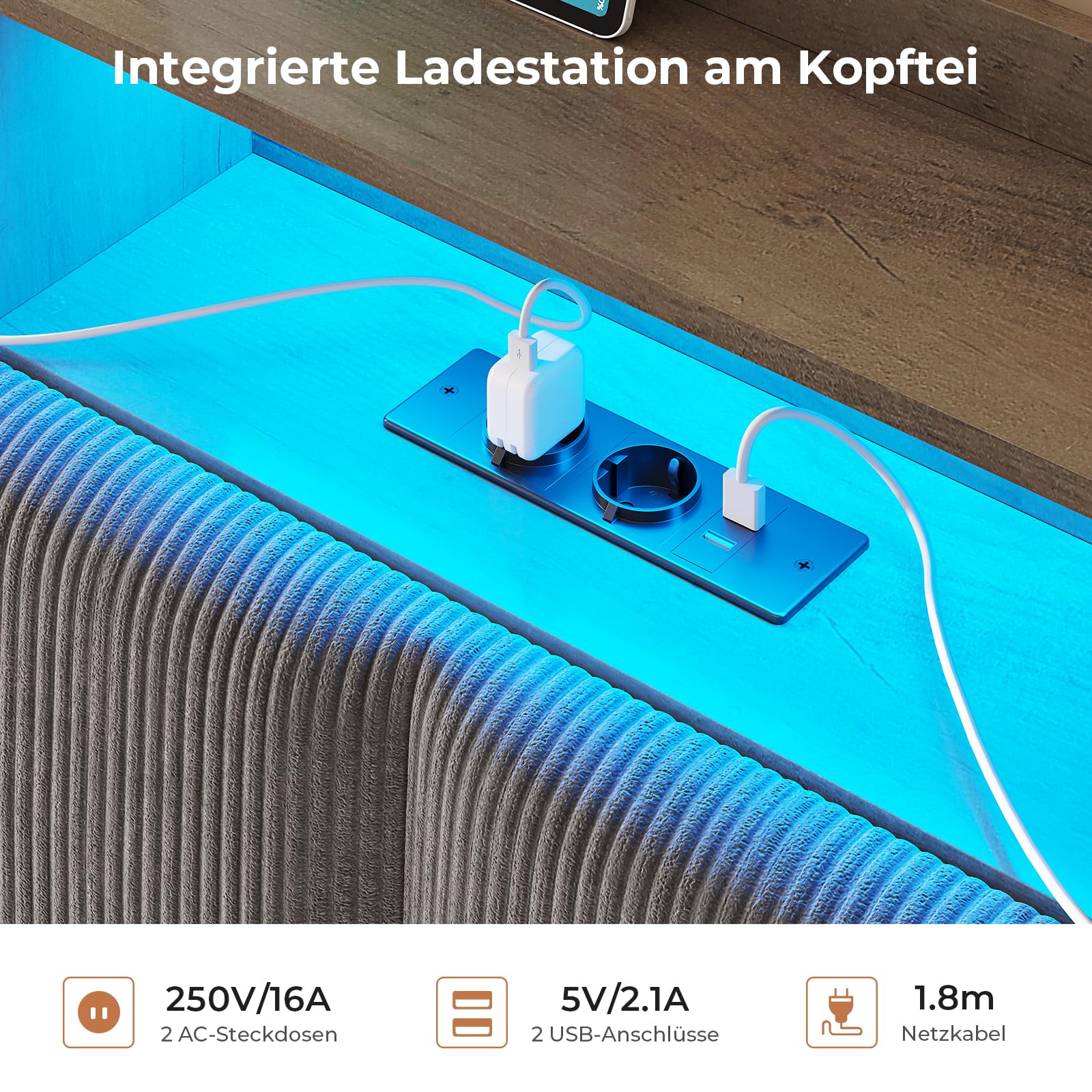 Hydraulisches Stauraumbett mit LED Beleuchtung und Steckdosen,Polsterbett mit Stauraum Kopfteil Jugendbett Betten mit HolzLattenrost & USB-Ladefunktion,Ohne Matratze (Dunkelgrau Cord, 140x200cm)