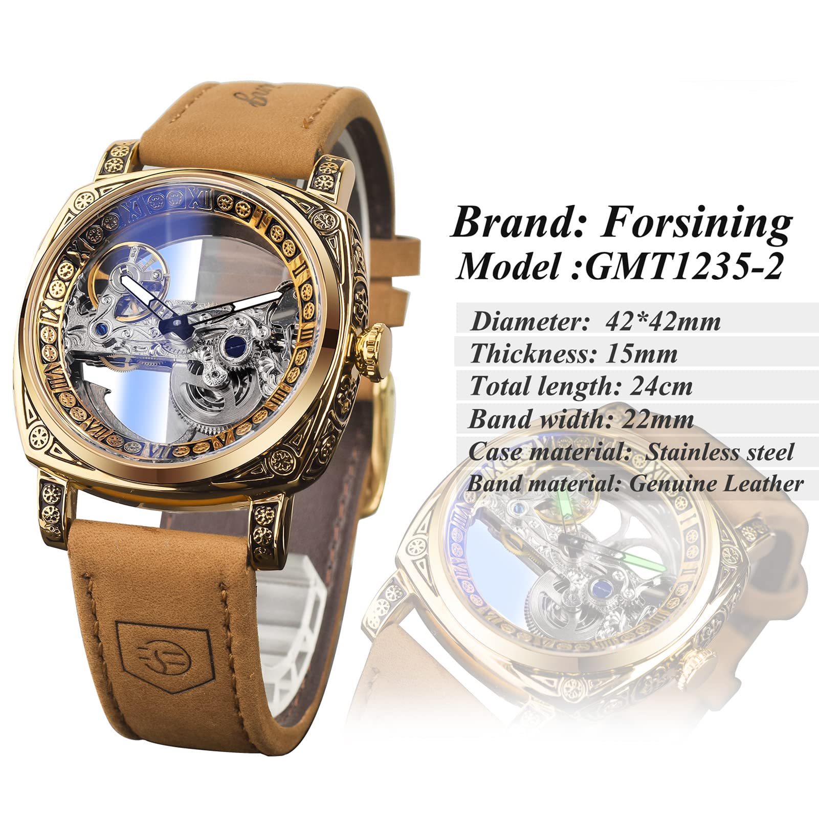 FORSINING Relojes de pulsera para hombre, diseño clásico de esqueleto cuadrado transparente, automático, mecánico, de cuero, luminoso, resistente al agua