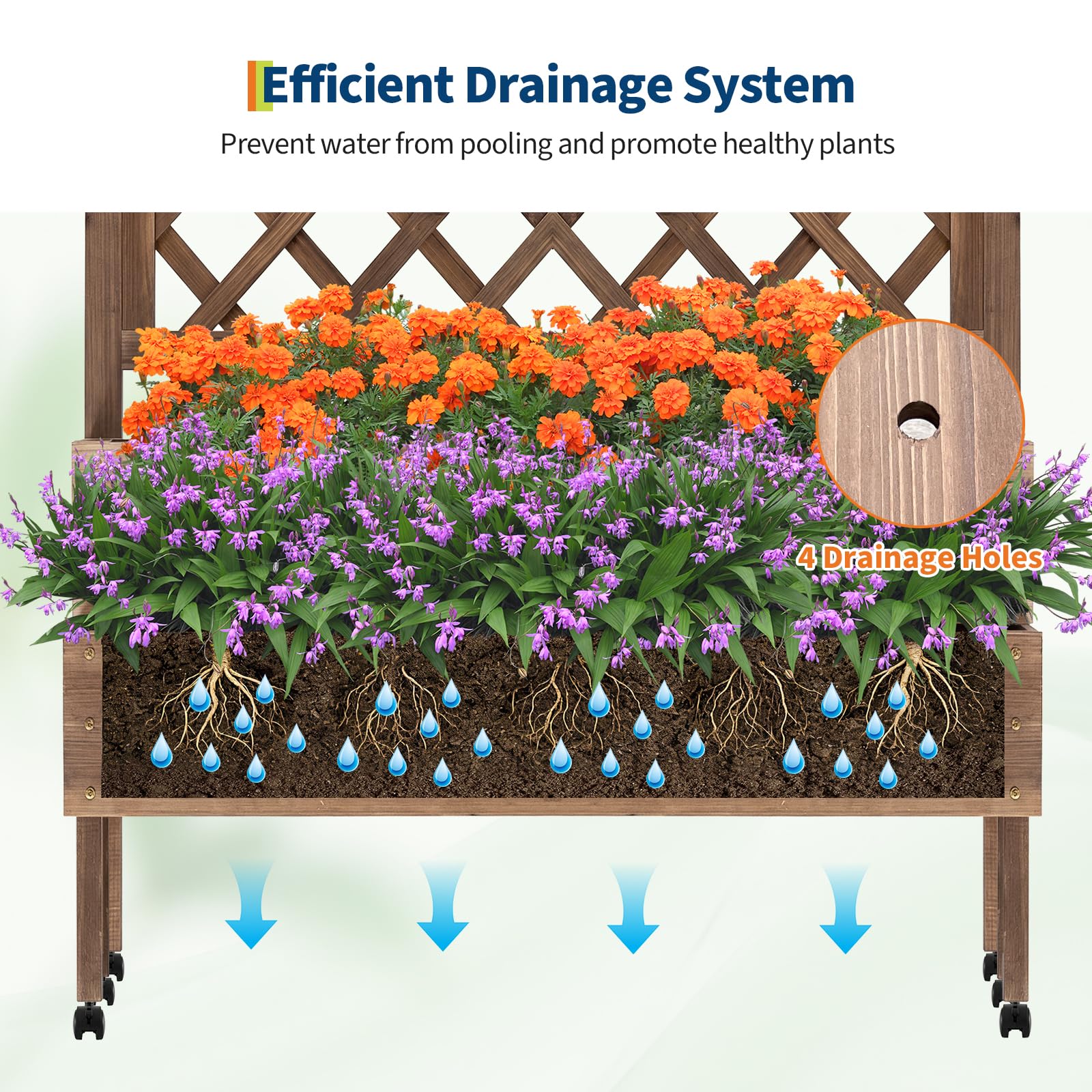 Garvee - Jardinera elevada de 2 niveles con celosía – Bandeja para plantas vertical de madera sobre pies, ruedas y agujeros de drenaje, perfecta para crear una pantalla de intimidad en extensor