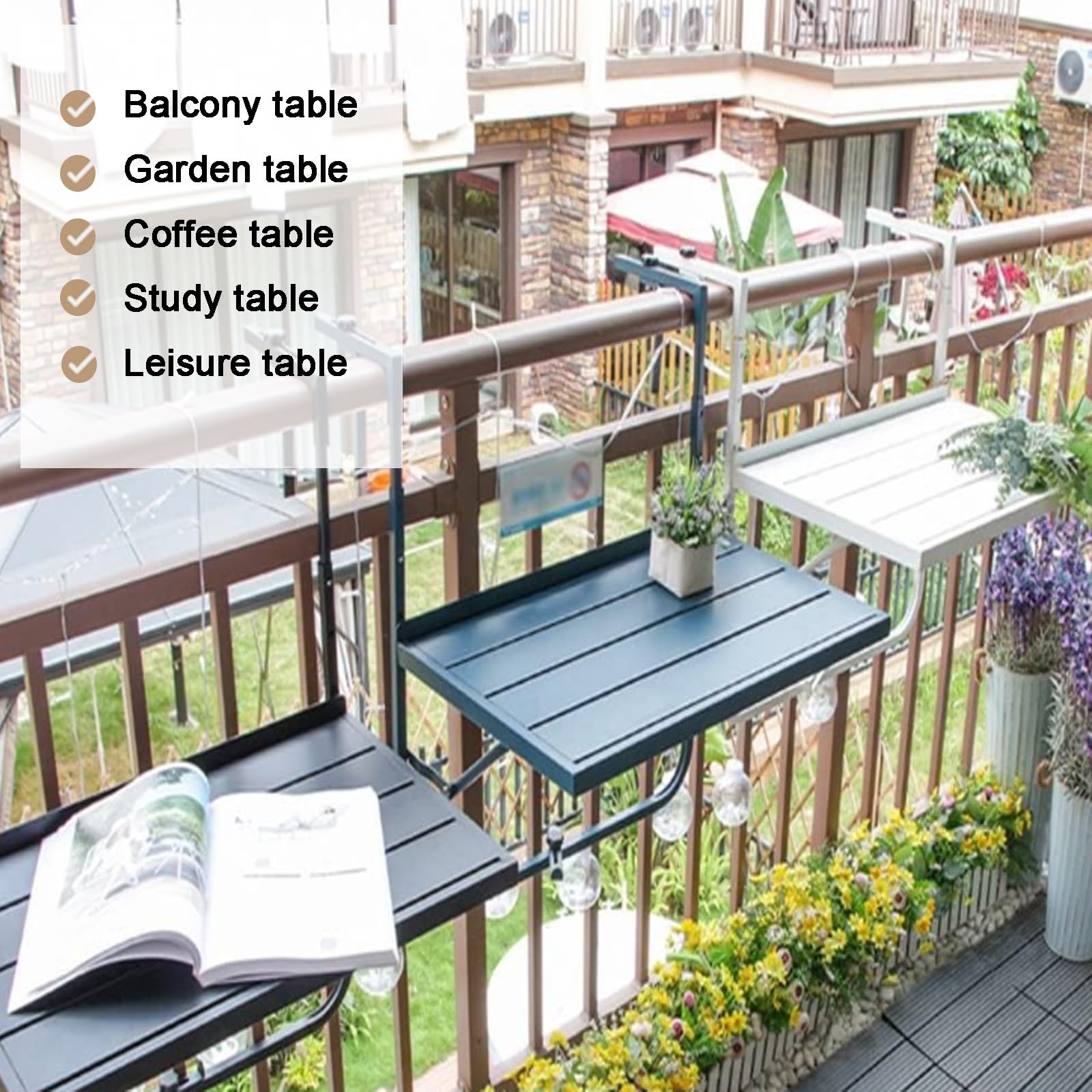 Balkonowy stół barowy na balustradę, stół balustradowy tarasowy, składany stół wiszący, balkon balustrada, regulowana wysokość (niebieski)