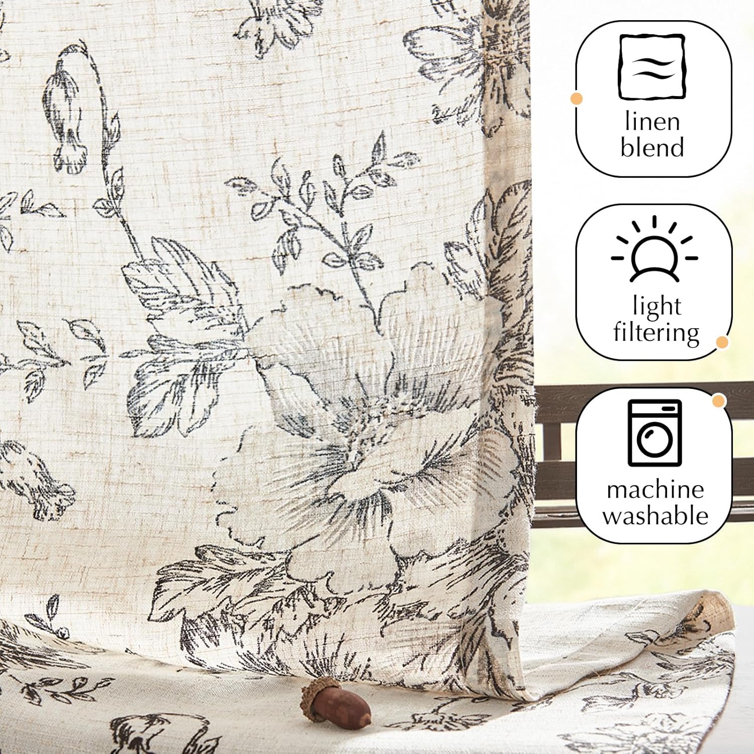 jinchan Floral French Door Curtain Farmhouse Linen for Sliding Glass Door 40 Inches 1 Panel with Tieback Light Filtering Curtain for Window Patio Rod Pocket Black on Linen