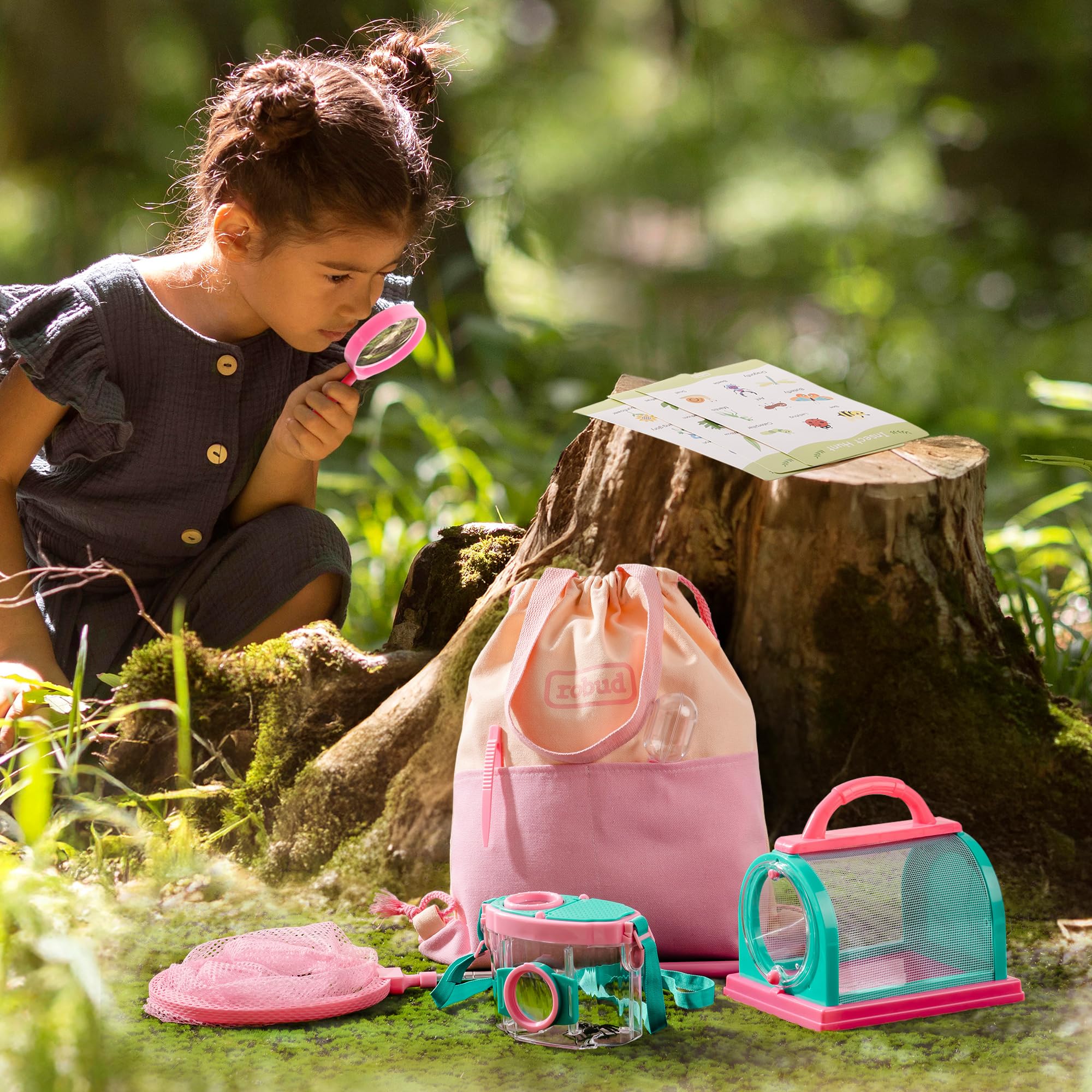 ROBUD Kids Outdoor Explorer Kit, Bug Catching Adventure Set with Butterfly Net, Magnifying Glass, Kids Binoculars, Bug Container, Carry Bag, Educational Toys Gift for Toddler Ages 3+