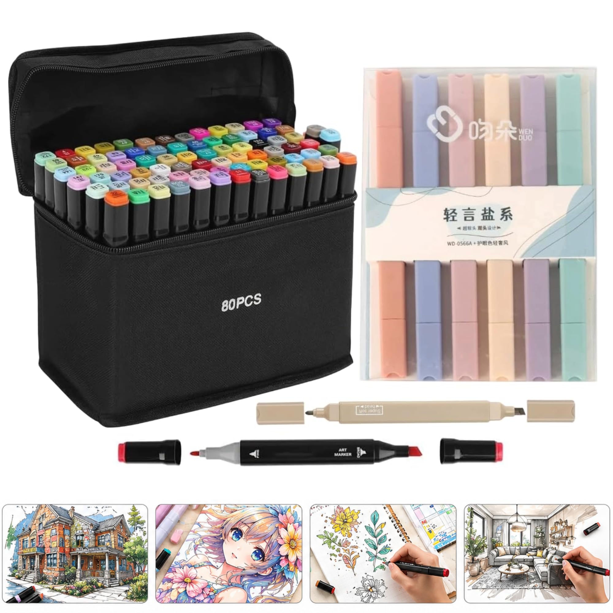 Corslet 80 Colors Dual Tip Art Marker Set with Carry Case & 6 Pastel Highlighters, Alcohol Based Sketch Markers, Chisel & Fine Tip Pens for Drawing, Coloring, Illustration, Office & Students