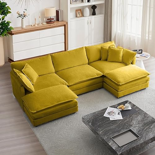 mikibama Modular Sectional Sofa, 111.5 Inch U Shaped Couch Set for Living Room, 3-Seater Comfy Cloud Couches with Movable Ottoman, DIY Combination, Chenille, Yellow