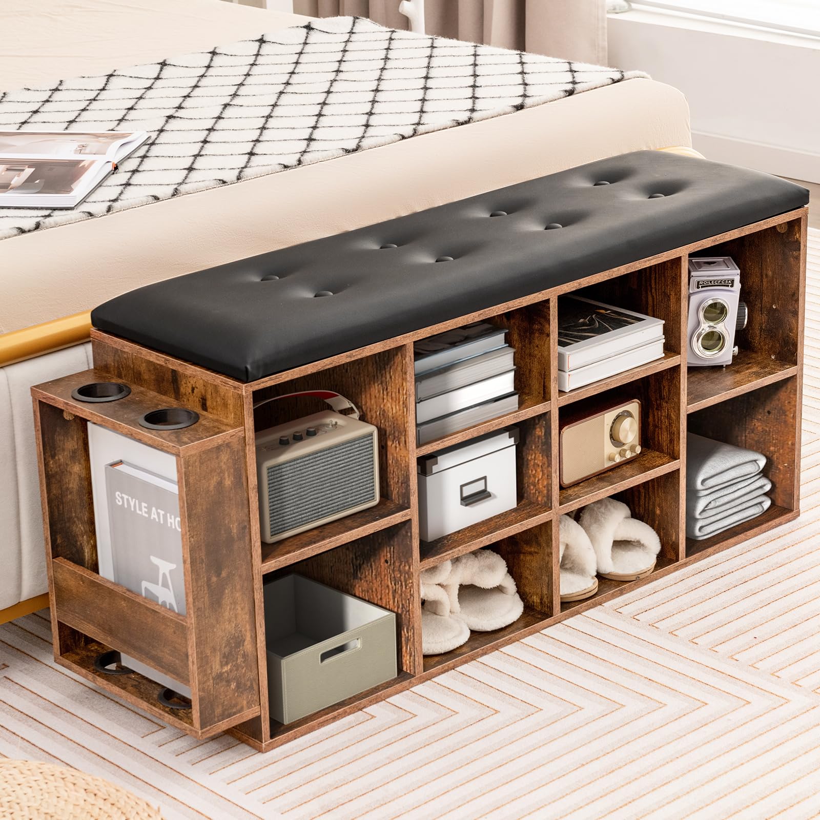 IRONCK Banco De Zapatos, Banco De Entrada De Almacenamiento De Diez Cubículos Con Piel Sintética, Organizador De Zapatos Con Estantes Ajustables Para Sala De Estar, Dormitorio, Color Negro