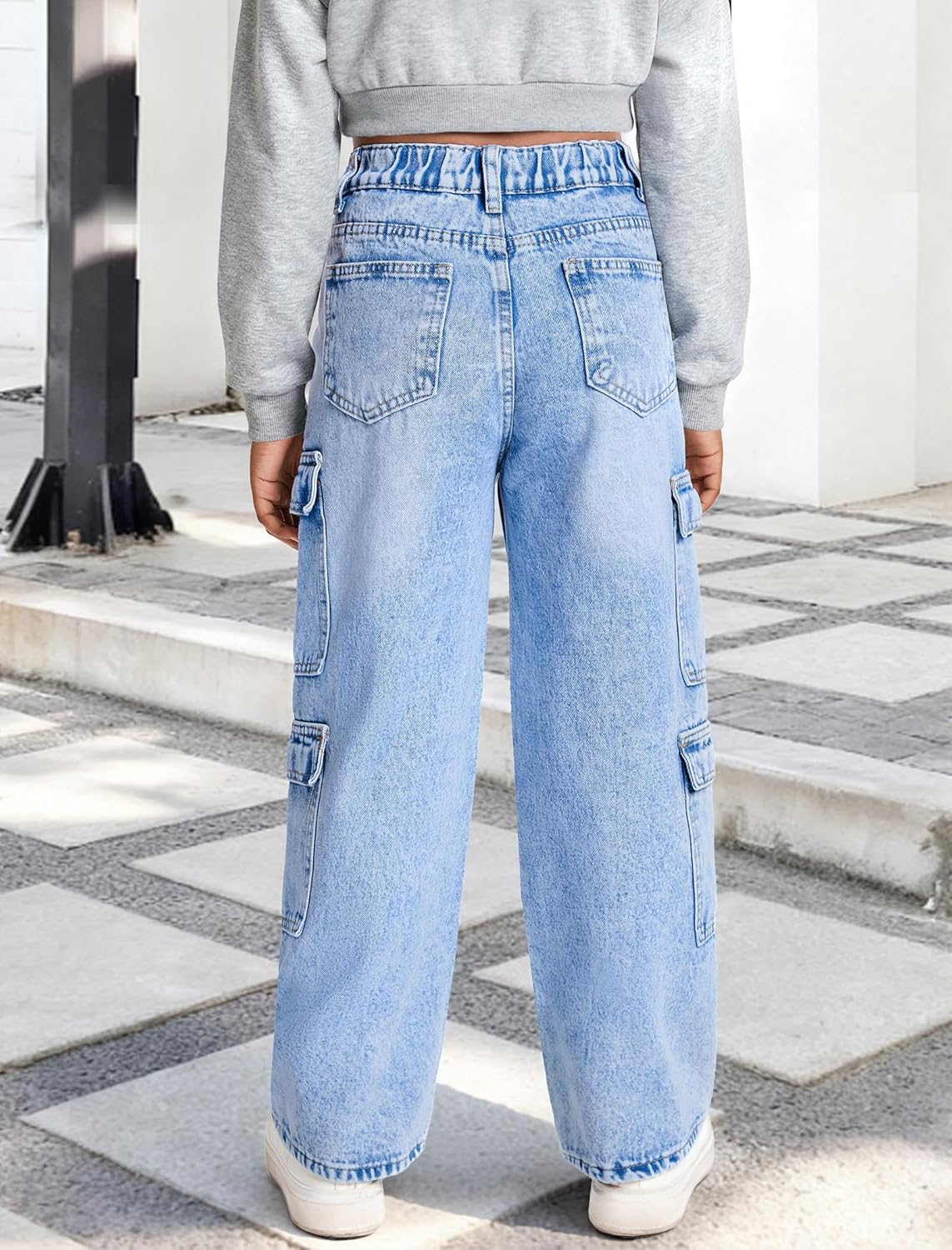 Girls Jeans Wide Leg Cargo Denim Pants with Flap Pockets Asymmetrical Waist Baggy Casual Y2K Outfit 7-14 Years - Image 3