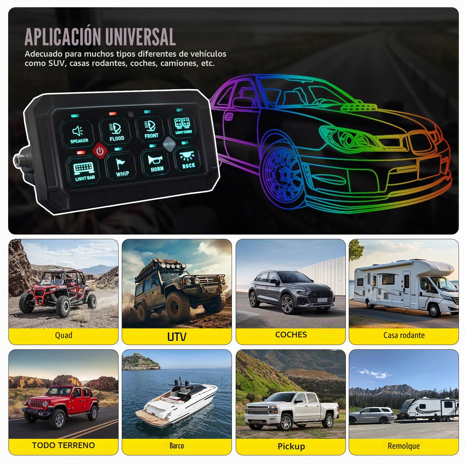 Panel de interruptor de 8 marchas, sistema de relé de circuito universal | conmutación inteligente y LED regulable, panel táctil RGB de siete colores para coche
