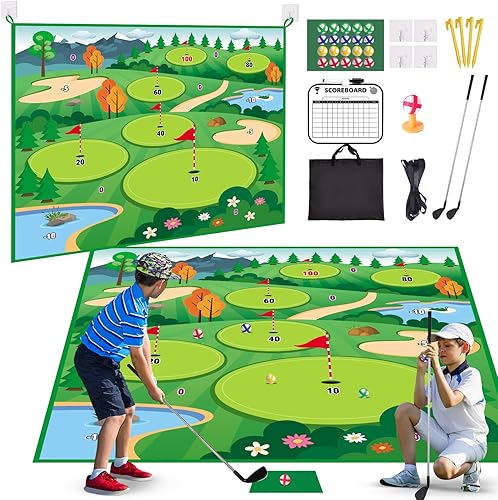 VATOS Alfombrilla de golf con 2 palos, 70 x 70 pulgadas, tapete de entrenamiento de golf para interiores y exteriores, para niños, adultos, familia,