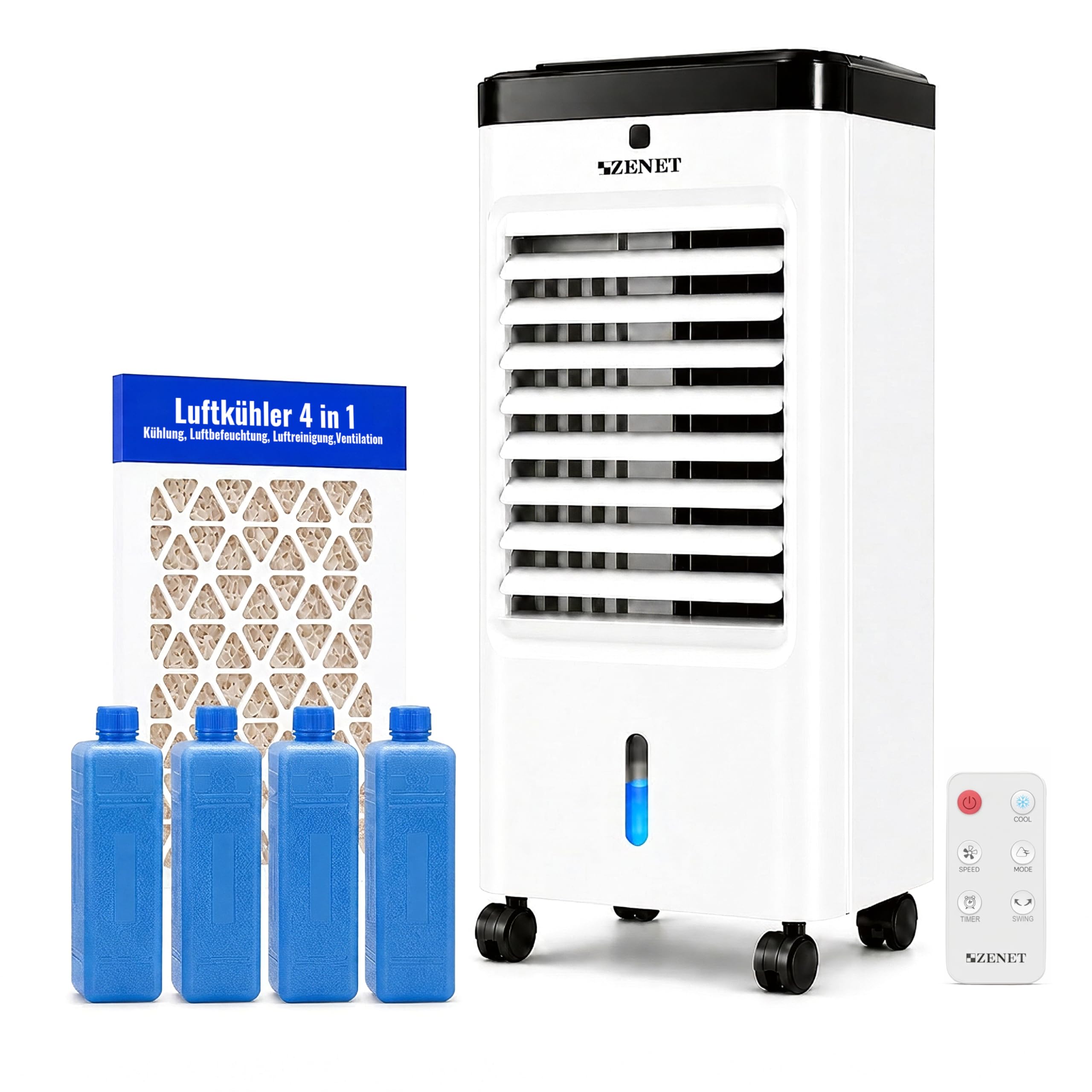 ZENET Luftkühler & Klimaanlage Mobil ohne Abluftschlauch 4-in-1 (3.5L, 65W) | Tragbare Ventilator mit Wasserkühlung, Luftbefeuchter, Luftreiniger für Zuhause, Zimmer, Büro, Timer, Fernbedienung