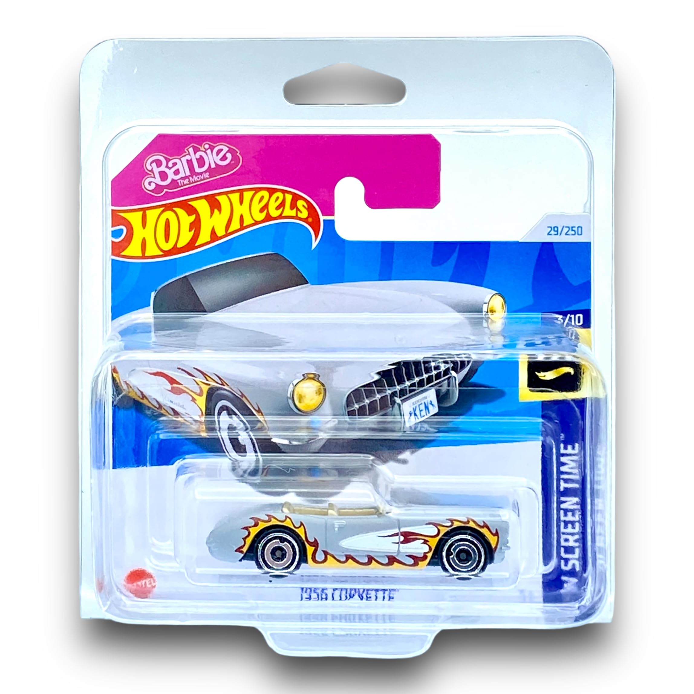 Hot Wheels 1956 Corvette, Barbie Movie (Grey & Flames) 3/10 HW Screen Time, 2024-29/250 (Short Card)