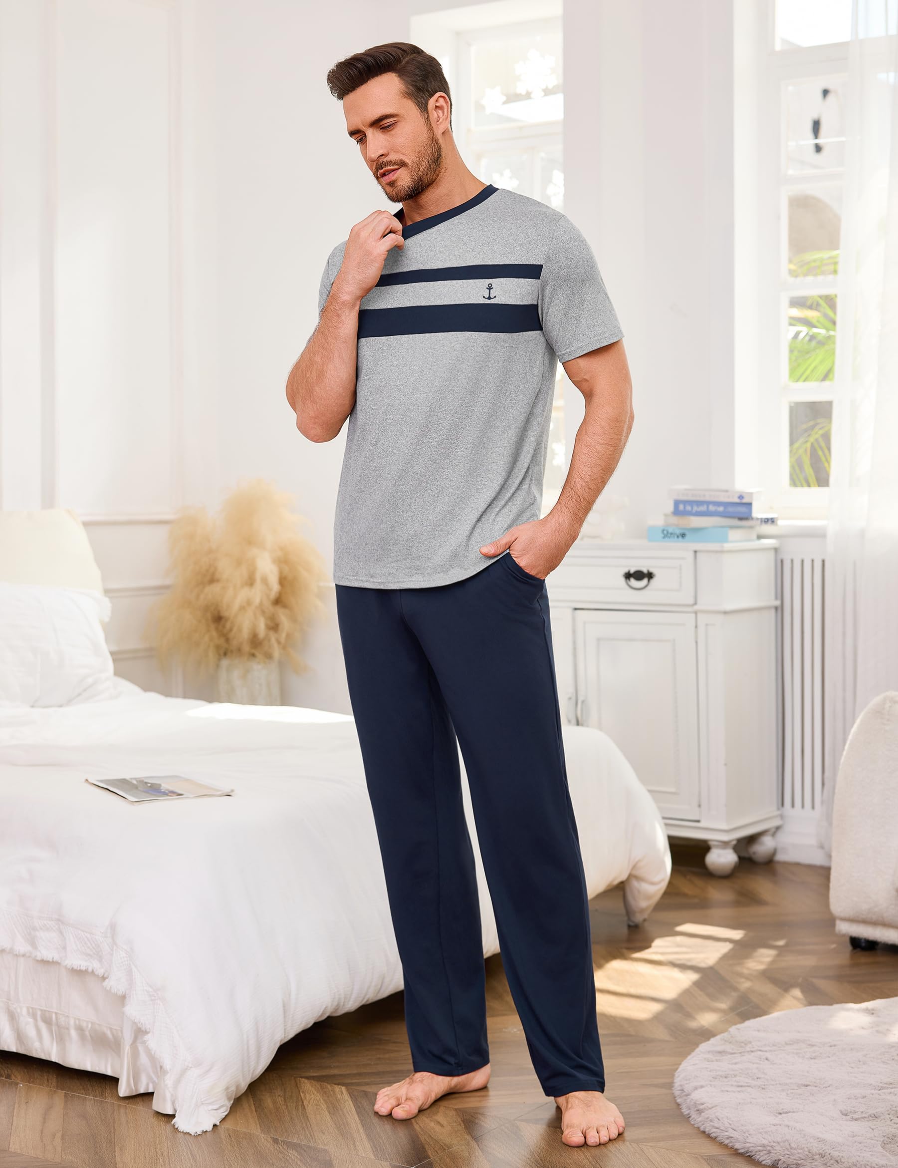 Marvmys Schlafanzug Herren Baumwolle Sommer Pyjama Long Schlafhose