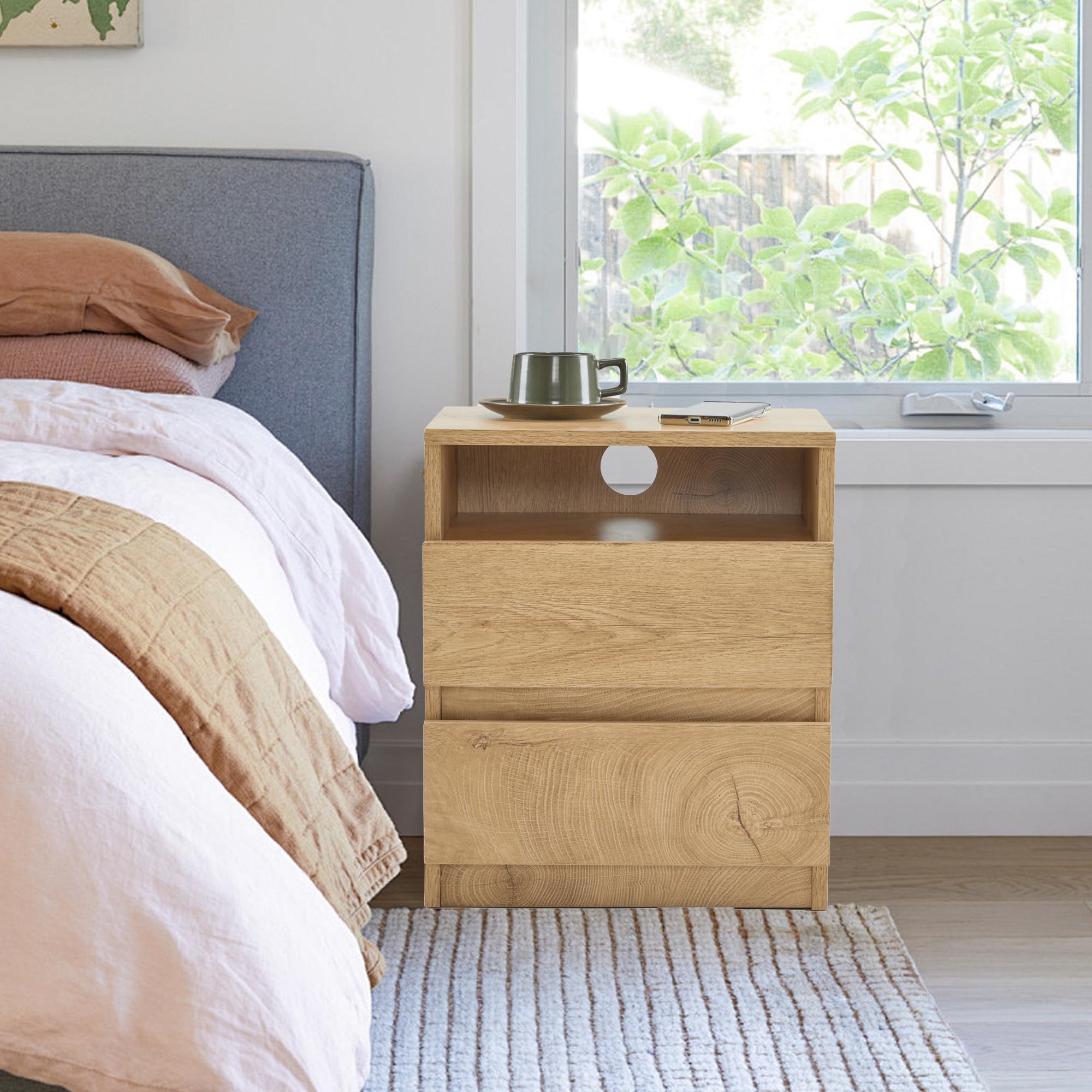 Mingone 2er-Set Nachttische mit 2 Schubladen,Nachtschrank aus Holz,Beistelltisch mit Stauraum Holzfarben für Wohnzimmer, Schlafzimmer