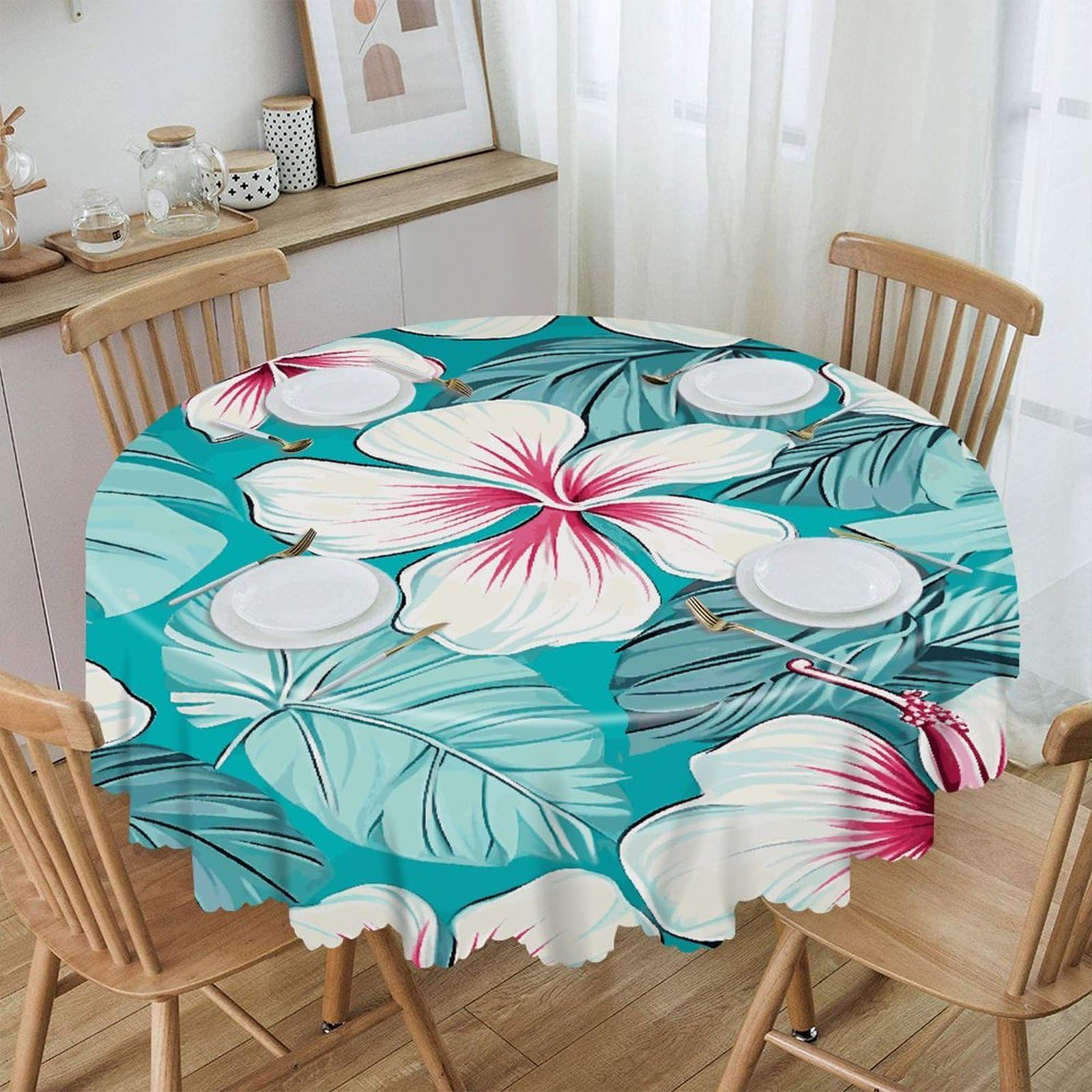VstaDank Tropical Hibiscus Flowers Round Tablecloth 60 Inch Easy to Clean Circle Table Cover Thick Decorative Round Polyester Table Cloth for Dining Kitchen Party Farmhouse Outdoor