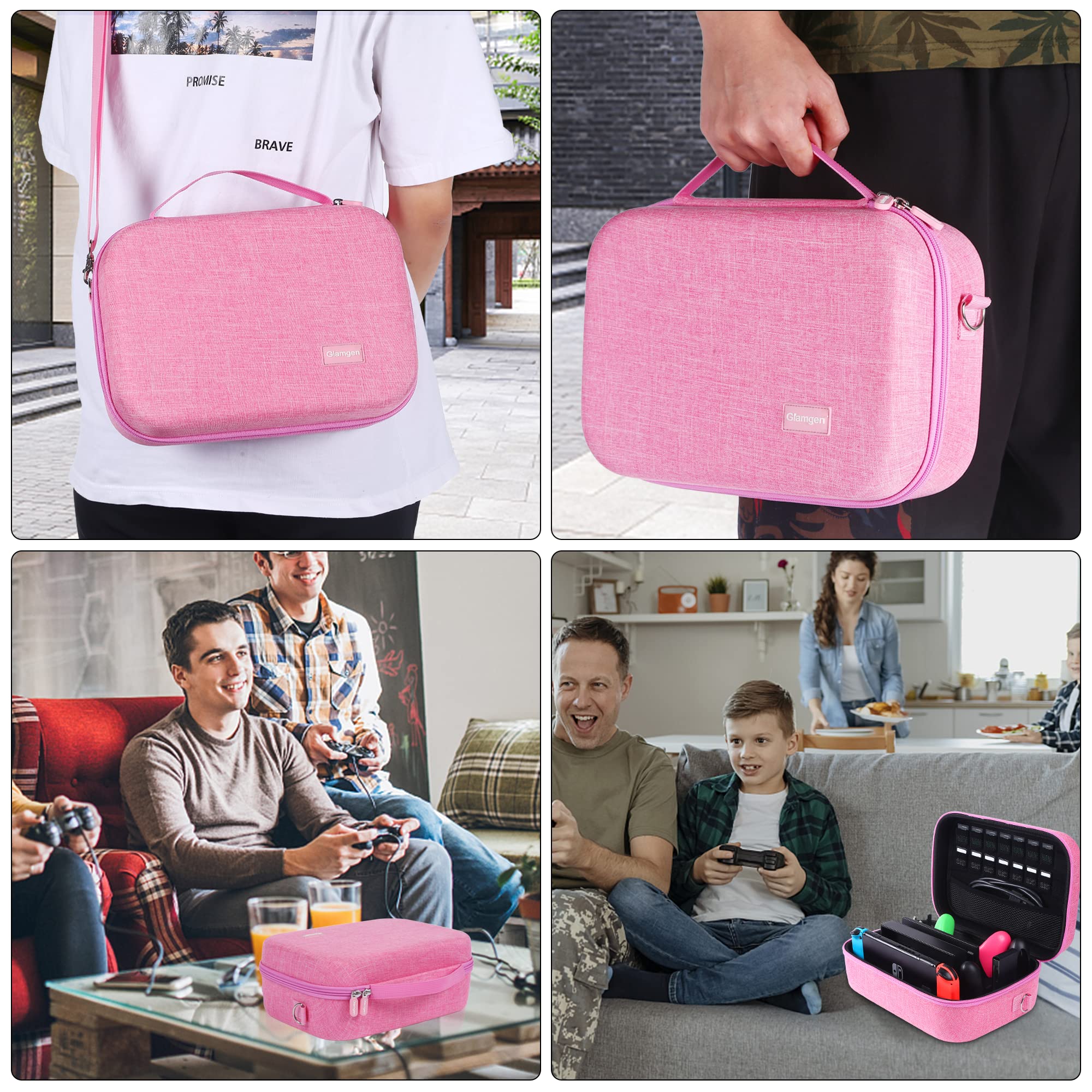 Glamgen Custodia da trasporto per Nintendo Switch, grande custodia per Nintendo Switch, custodia da viaggio portatile con 16 carte da gioco per controller e accessori, rosa