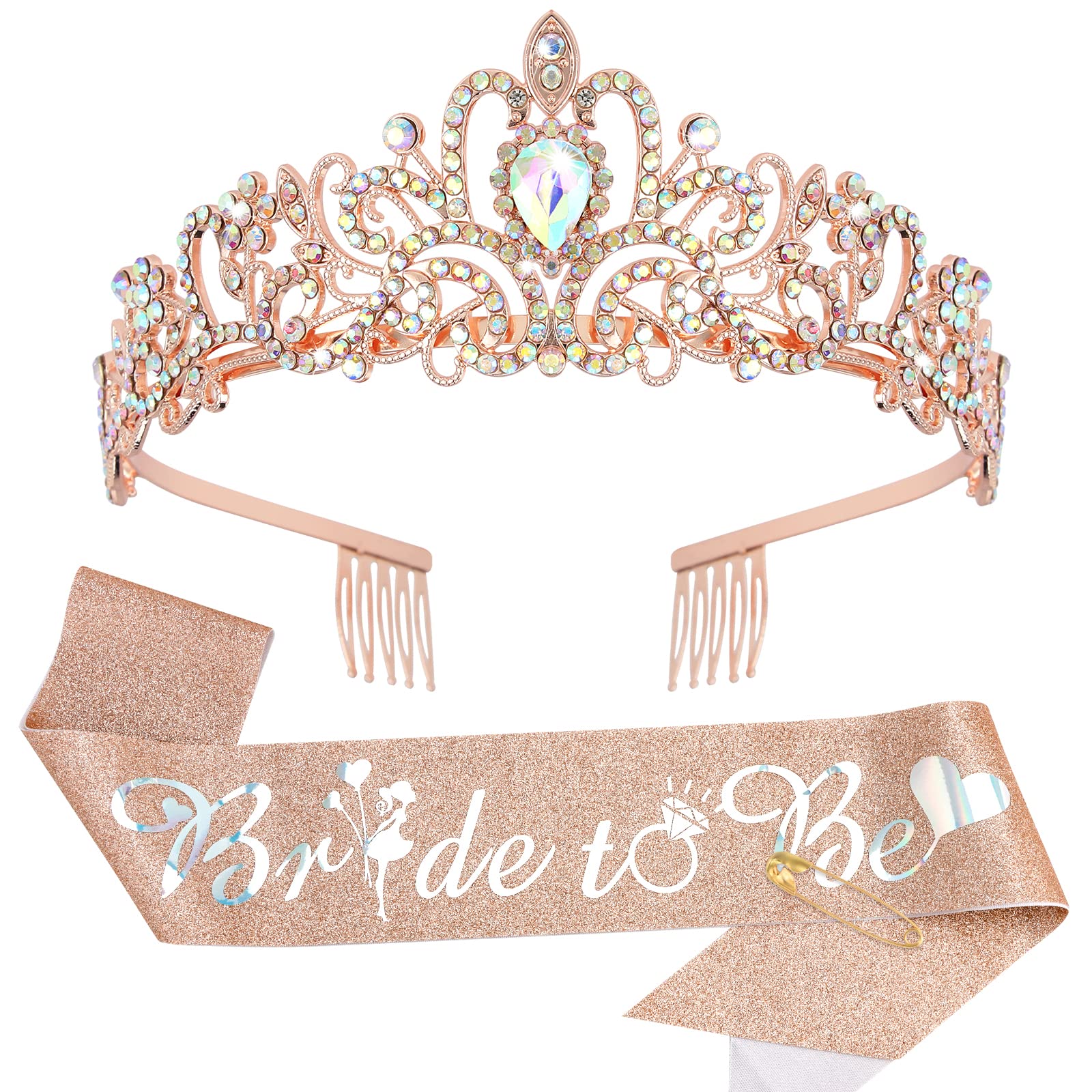 Bride To Be Sash & Bride Crown, Aurora Borealis Rhinestones Bridal Shower Decorations Rose Gold Bridal Tiara Bachelorette Gifts for Bride Crytal Crown and Glitter Bride Sash
