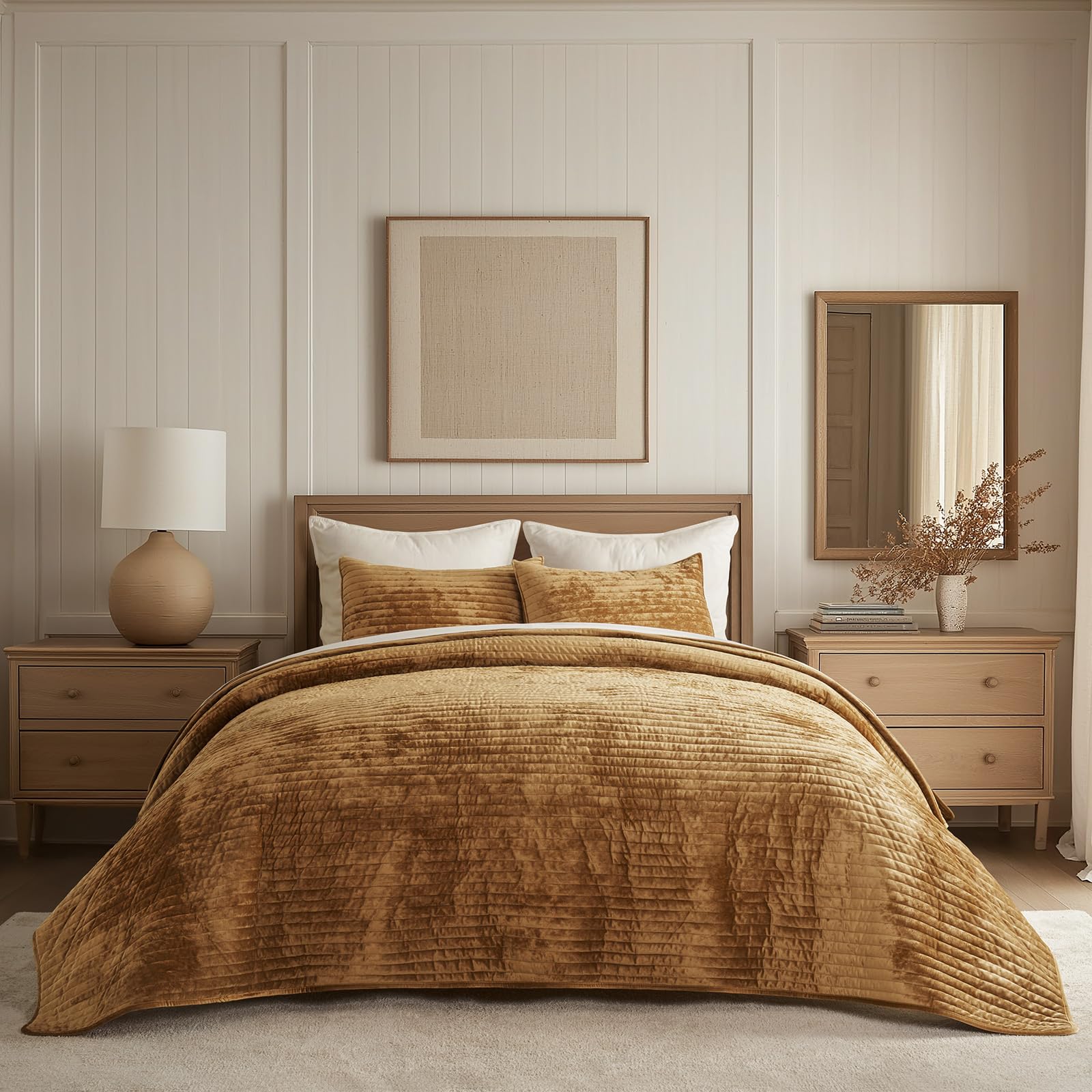 EVERGRACE Velvet Quilt Set King Size, Luxurious Soft Striped Channel Bedding Set, Lightweight Velvet Comforter for All Season, Oversized Bedspread