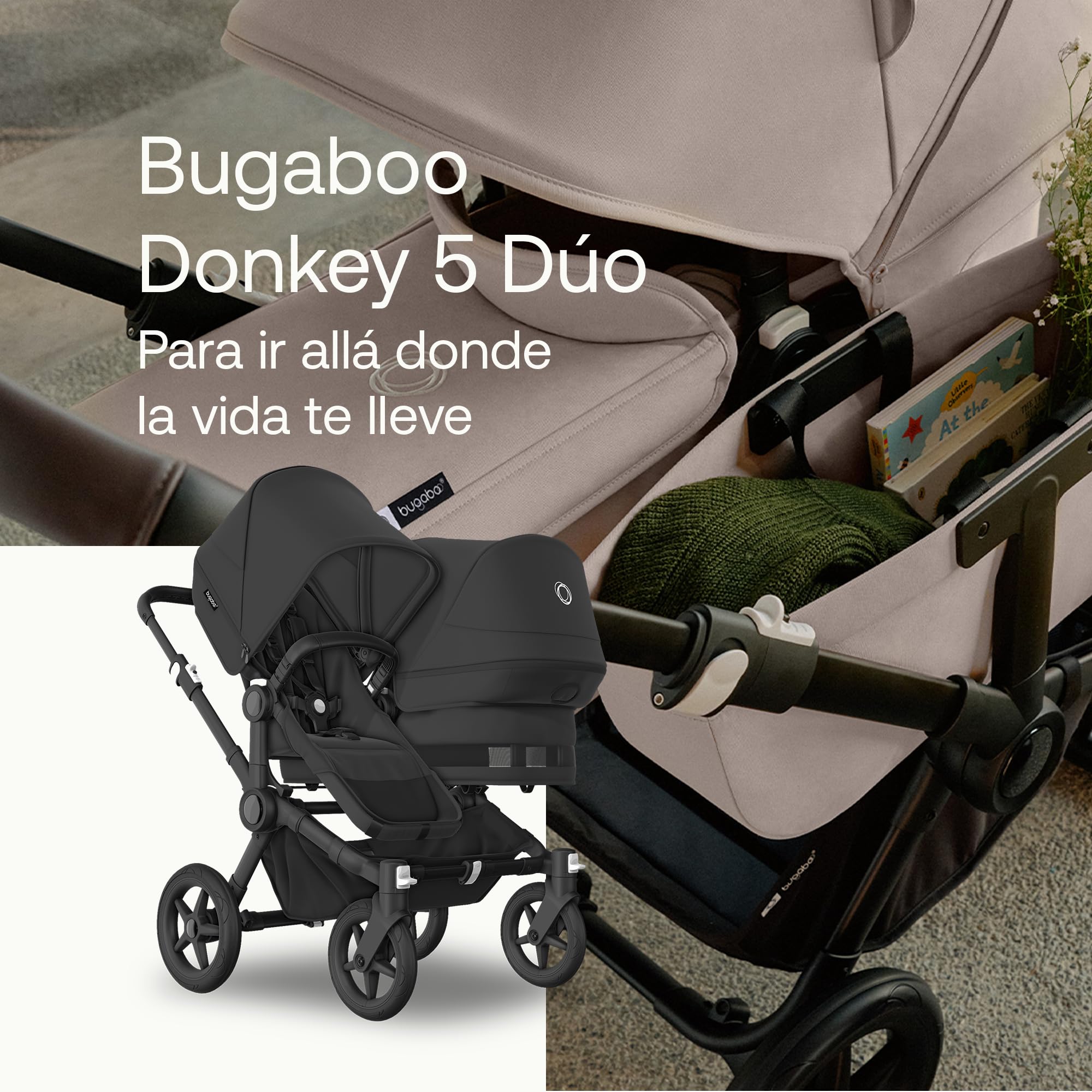 Bugaboo Juego de Extensión Donkey 5 Duo, Convierte tu Donkey 5 Mono en un carrito Duo, De Lado a Lado, Diseño Mejorado, Silla Reversible y Dirección a Una Mano, Midnight Black