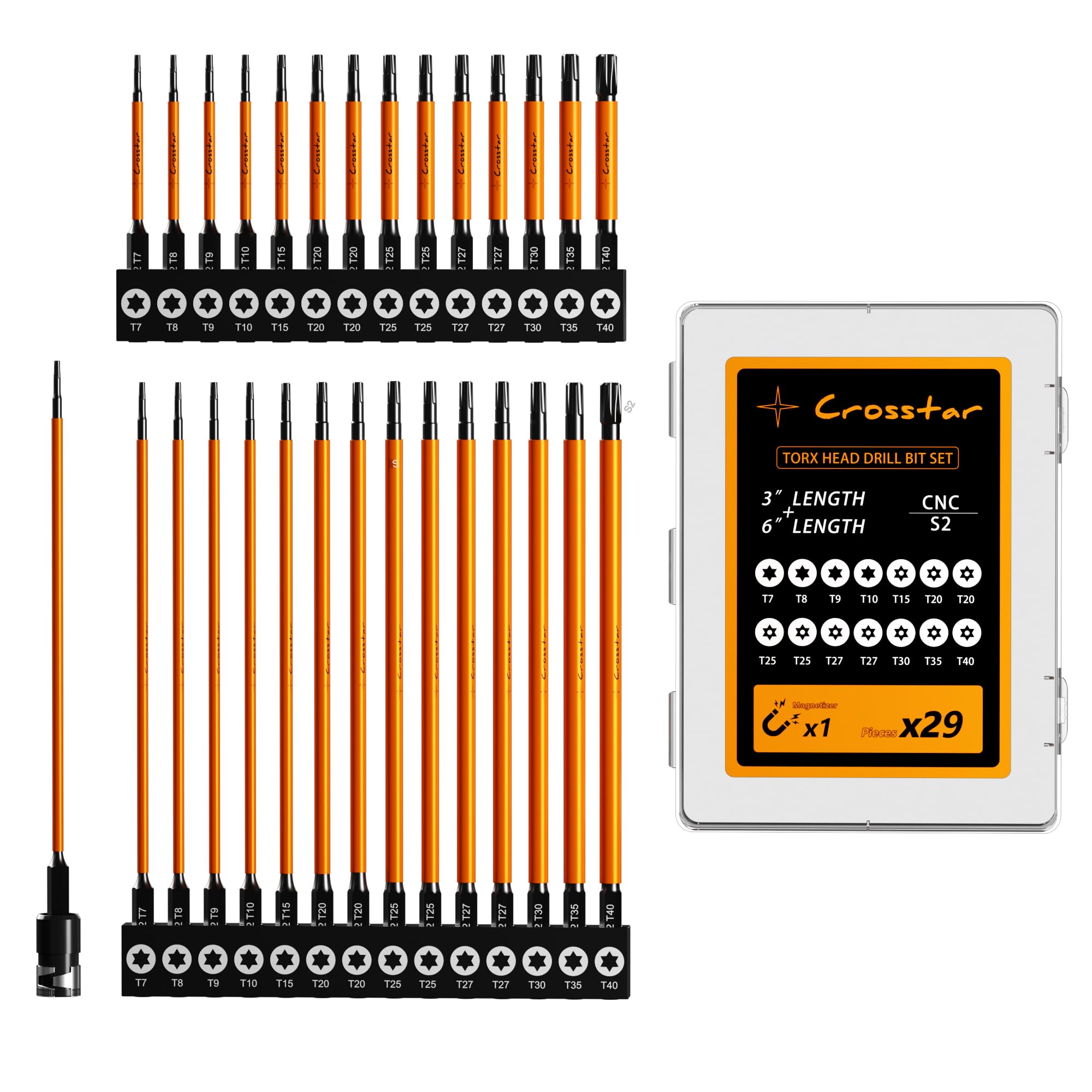 Crosstar 3" and 6" Impact Long Torx Bit Set 29pc (TT7-TT40) S2 Steel Security Tamper Proof Star Bits, 1/4" Hex-Shank Magnetic Holder &amp; Storage Box w/Magnetizer