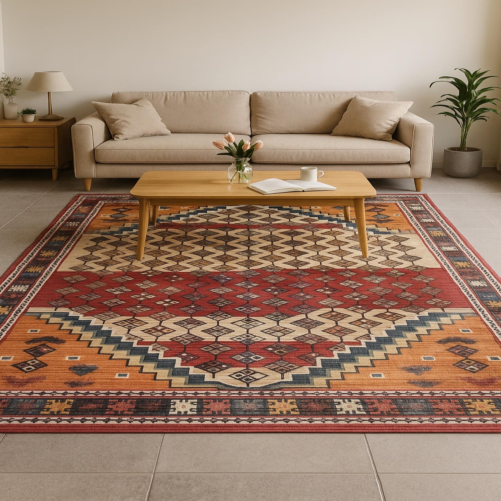 Tapis poils courts 110x180 de salon rétro rouge marron bleu foncé
