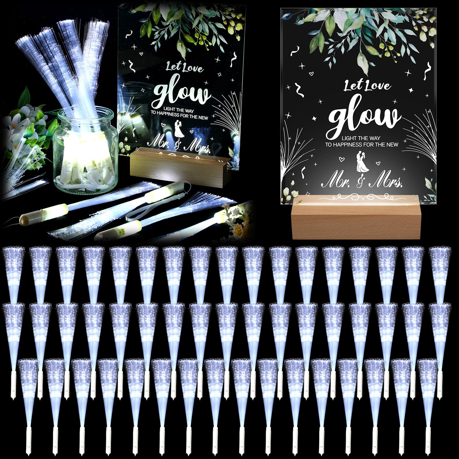 VIHOSE 52 Pcs Wedding Party Favors White Fiber Optic Wands with Acrylic Wedding Table Sign Wooden Illuminated Base LED Fiber Glow Stick Light up Wands