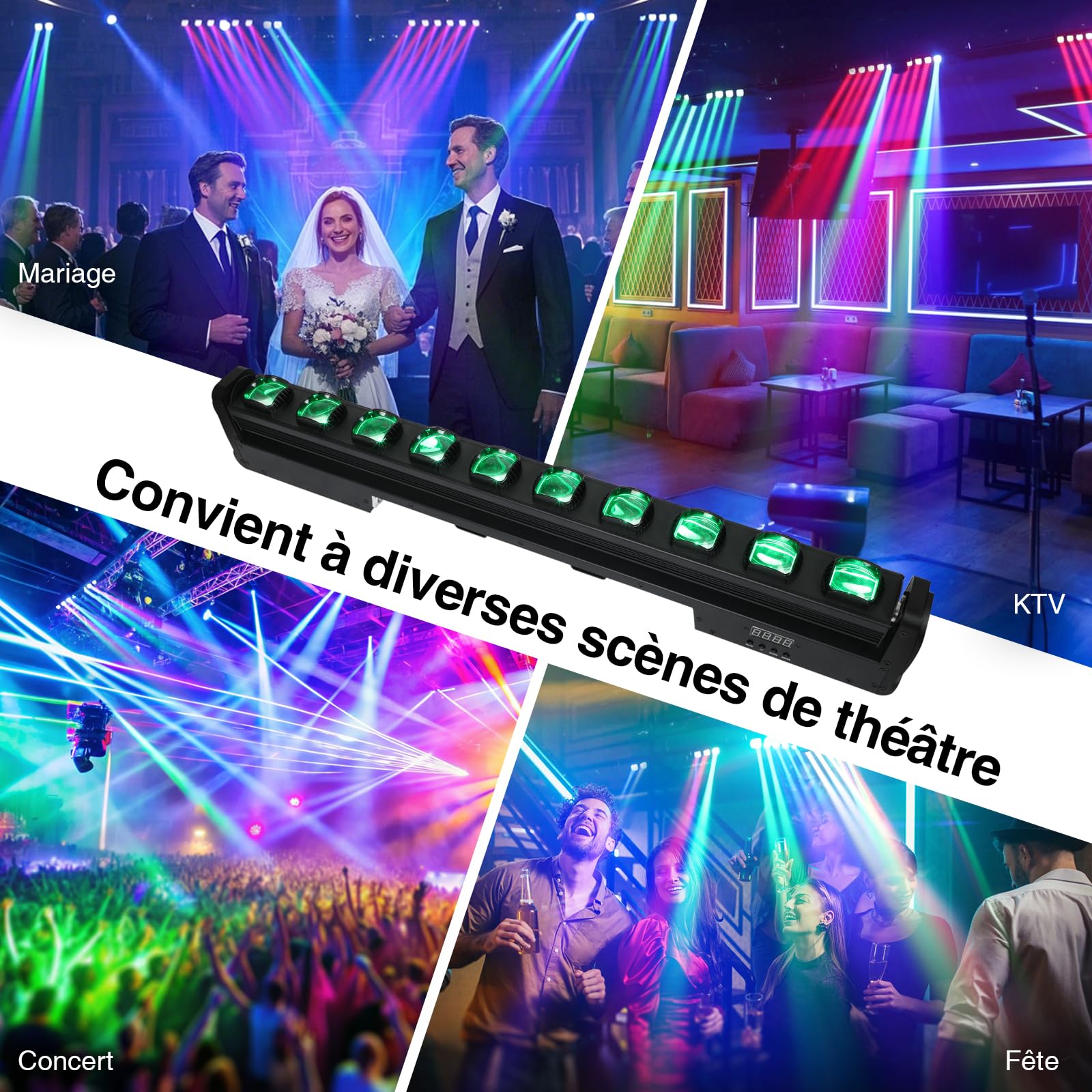 Betopper 10x15W Led Lyre Beam Barre RGBW Lumières de Scène, 4 en1 Wallwasher Stroboscope DMX512 et Son Activés Jeu de Lumiere DJ pour Disco Théâtre KTV Club Bar (1, 1P)