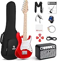 Guitarra elétrica Vangoa de 76 cm para iniciantes kit para jovens jogadores com amplificador, bolsa, alça, cordas extras, capo, afinador, palhetas, cabo (vermelho)