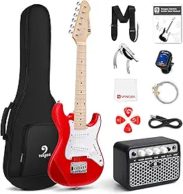 Vangoa Guitarra elétrica de 76 cm, kit inicial de guitarra elétrica pequena para iniciantes com afinador digital, capo, correia, cordas, cabos, palhetas, chaves inglesas, guitarra elétrica musical